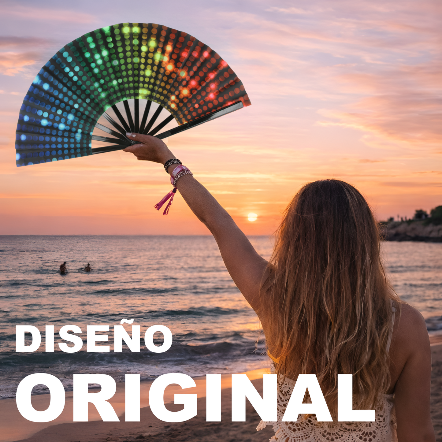 Home Universal® Abanico XXL 33 cm Grande de Plástico con Caja – Plegable, Ligero y Resistente – Efecto Fluorescente Brillante – Ideal para Verano, Fiesta, Discoteca, Pride y Eventos (Discoteca - Círculo)