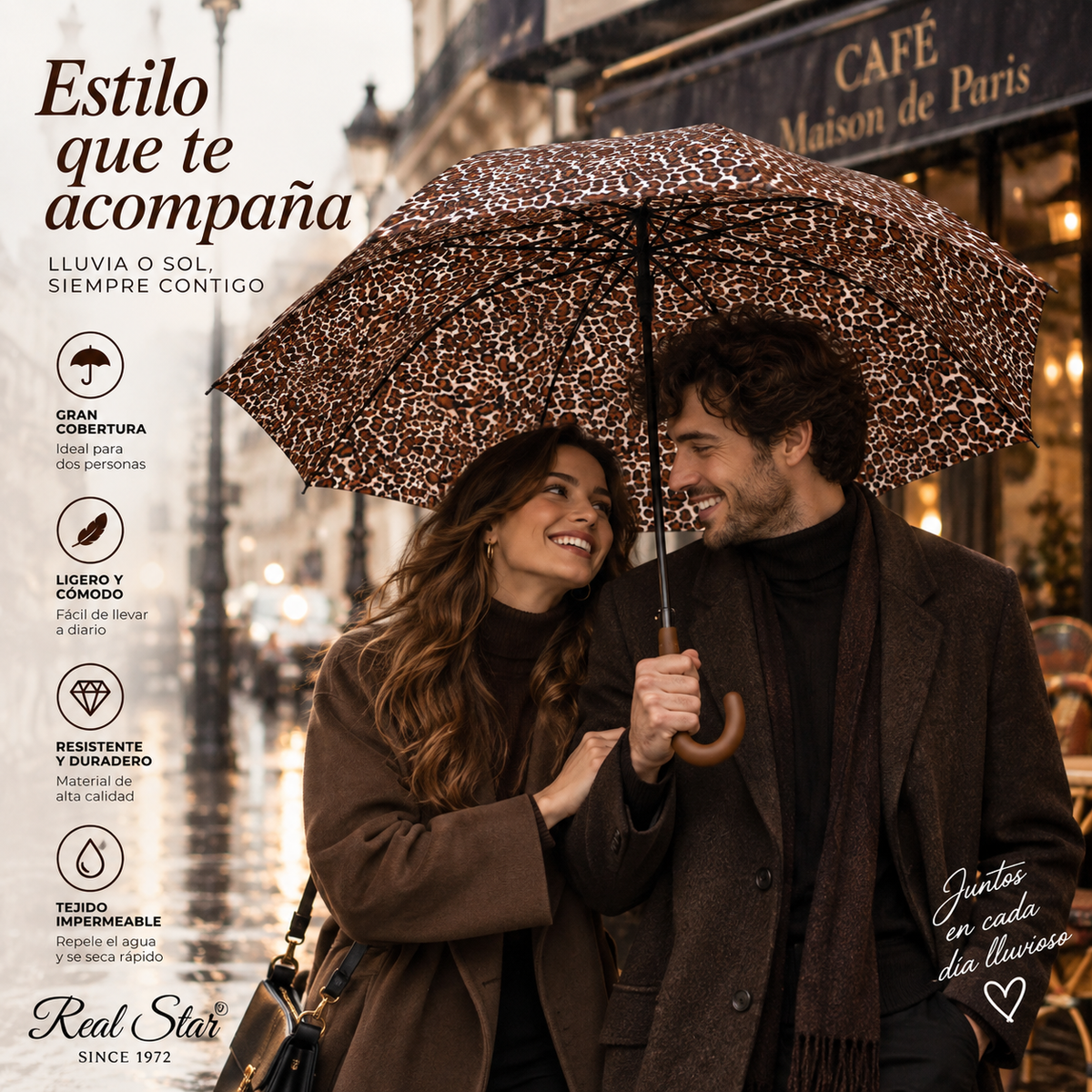 Home Universal® Paraguas Grande Semiautomático, Paraguas Largo Resistente al Viento con Mango Curvo para Mujer y Hombre (Leopardo Marrón)
