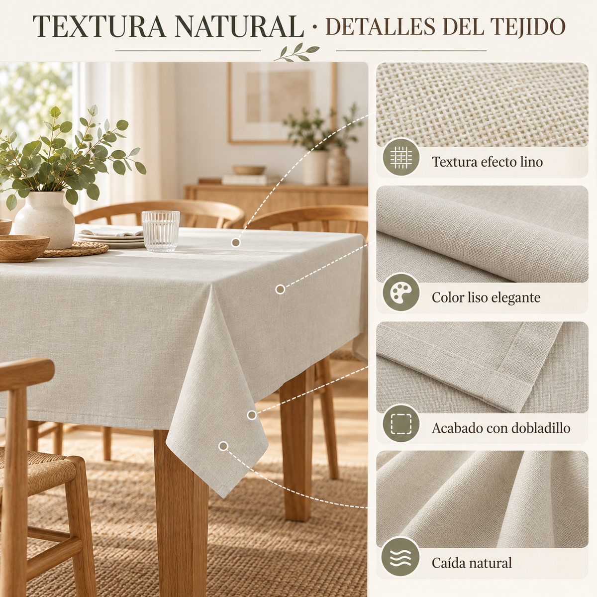 Home Universal® Mantel de Mesa Impermeable y Antimanchas, Tejido de Loneta con Efecto Lino , Liso o Estampado, para Cocina y Comedor (Blanco Liso)