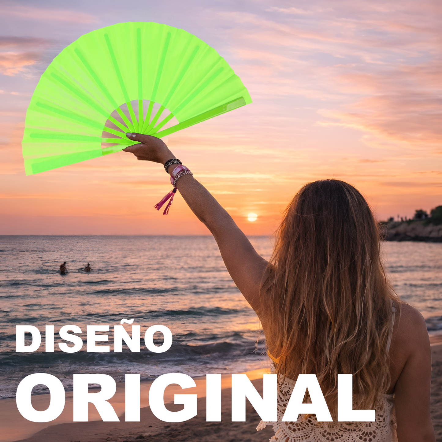 Home Universal® Abanico XXL 33 cm Grande de Plástico con Caja – Plegable, Ligero y Resistente – Efecto Fluorescente Brillante – Ideal para Verano, Fiesta, Discoteca, Pride y Eventos - Verde (Liso)