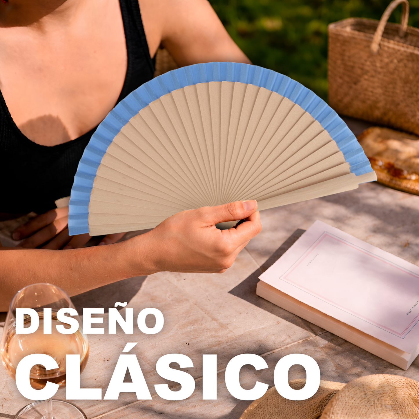 Home Universal®  Abanicos de Madera con Argolla para Cuello, Plegables con Tela en Varios Colores - Ligeros, Portátiles y Resistentes para Eventos, Bodas y Verano - Azul 19 CM (12 Unidades)