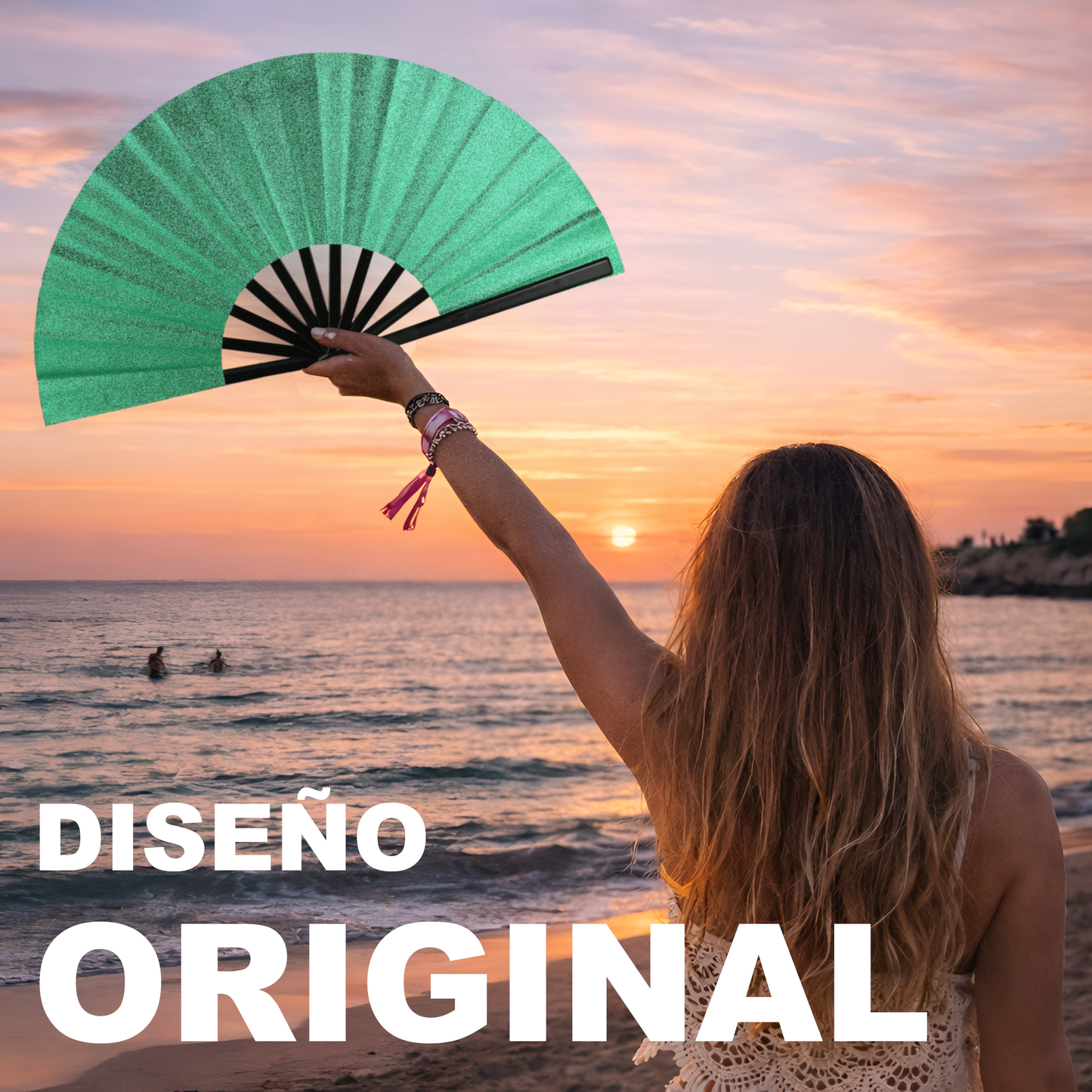 Home Universal® Abanico XXL 33 cm Grande de Plástico con Caja – Plegable, Ligero y Resistente – Efecto Fluorescente Brillante – Ideal para Verano, Fiesta, Discoteca, Pride y Eventos - Verde Oscuro (Purpurina)