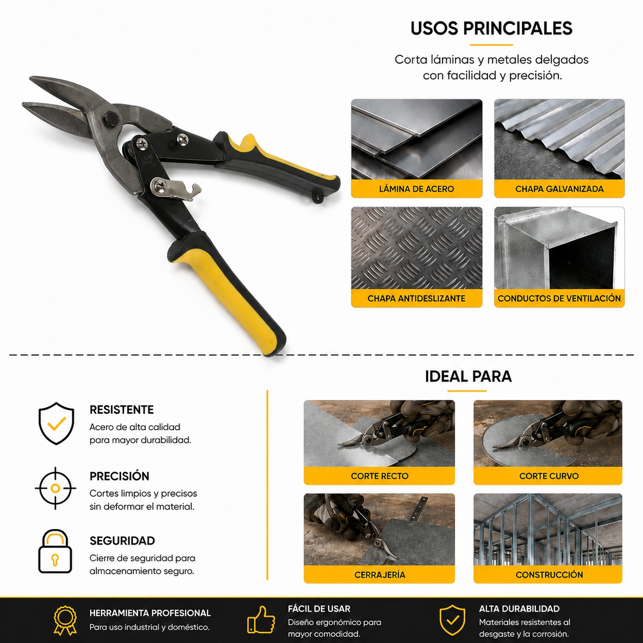 Home Universal® Tijeras Cortachapas Rectas Profesionales 25CM – Cizalla Manual para Cortar Chapa Metálica, Acero, Aluminio y PVC – Herramienta de Bricolaje y Construcción