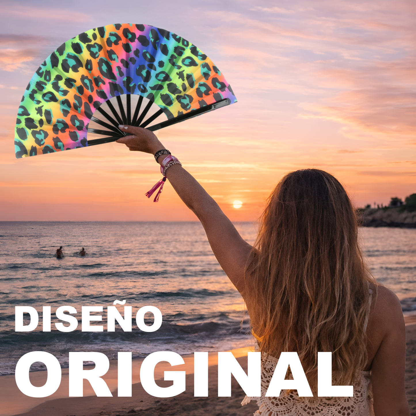 Home Universal® Abanico XXL 33 cm Grande de Plástico con Caja – Plegable, Ligero y Resistente – Efecto Fluorescente Brillante – Ideal para Verano, Fiesta, Discoteca, Pride y Eventos (Leopardo - Multicolor)