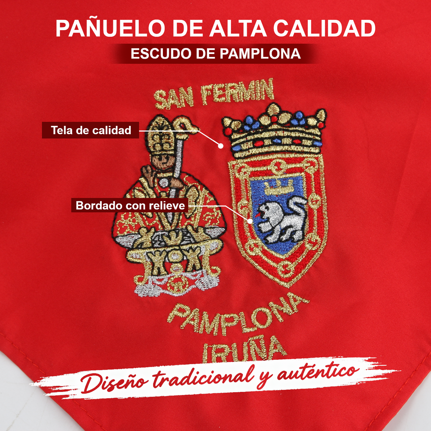 Home Universal® Fiestas Pamplona-Iruña (San Fermín) – Pack Set Accesorios con Pañuelos Rojos y Fajín Rojo Tradicional para Fiestas y Eventos, Estilo Oficial San Fermín (Pañuelo Rojo - Bordado de San Fermín, Escudo de Pamplona)