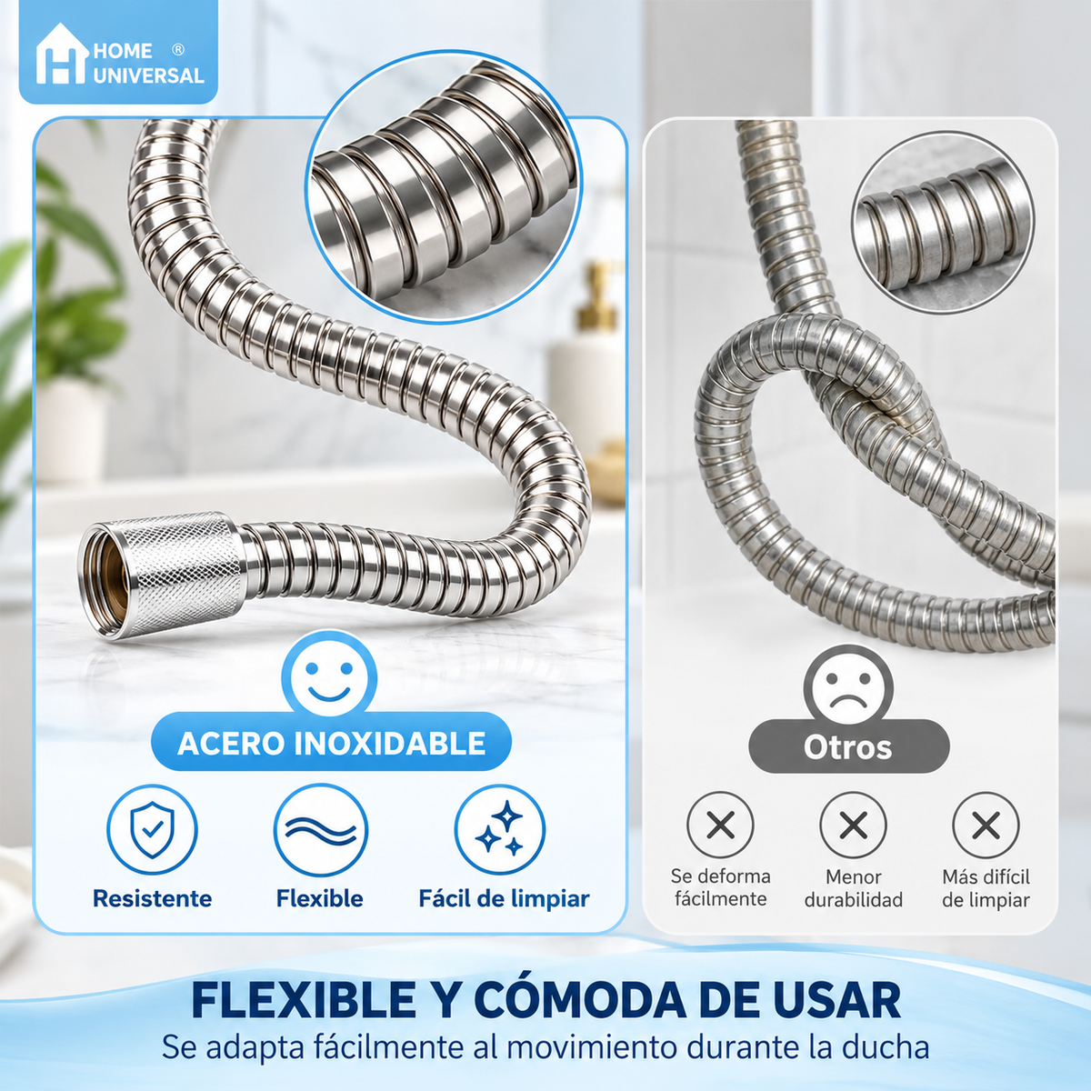Home Universal® Manguera de Ducha Universal G1/2 – Flexible, Antienredos y Fácil de Instalar, Compatible con la Mayoría de Duchas (Plata Acero (1.5m))
