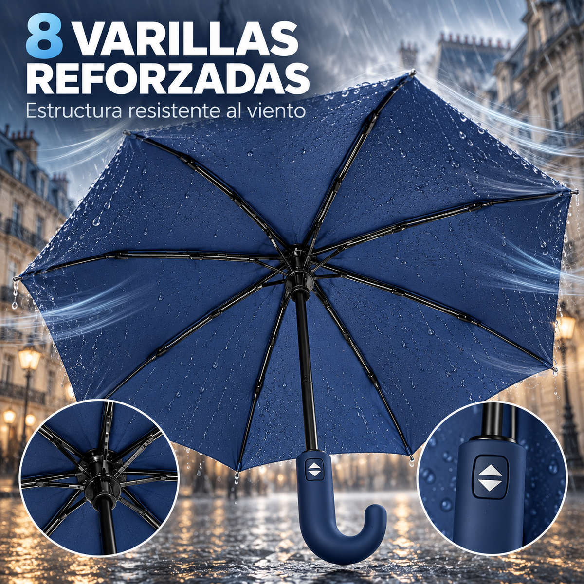 Home Universal® Paraguas Automático Plegable Grande, Compacto y Resistente, para Lluvia y Sol (Mango Curvo (Azul))