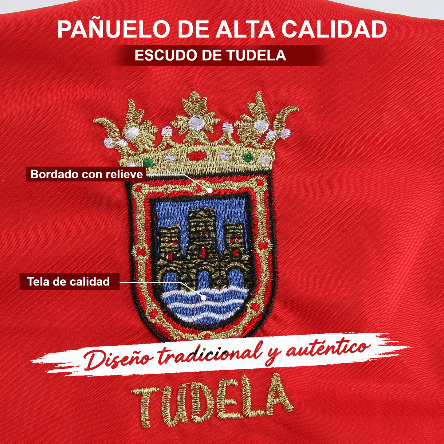 Home Universal® Pañuelo Rojo para Fiestas de Tudela Santa Ana – Tradicional, Cómodo y Resistente para Celebraciones y Eventos Populares (Pañuelo Rojo - Bordado de Escudo Tudela, Modelo 01)