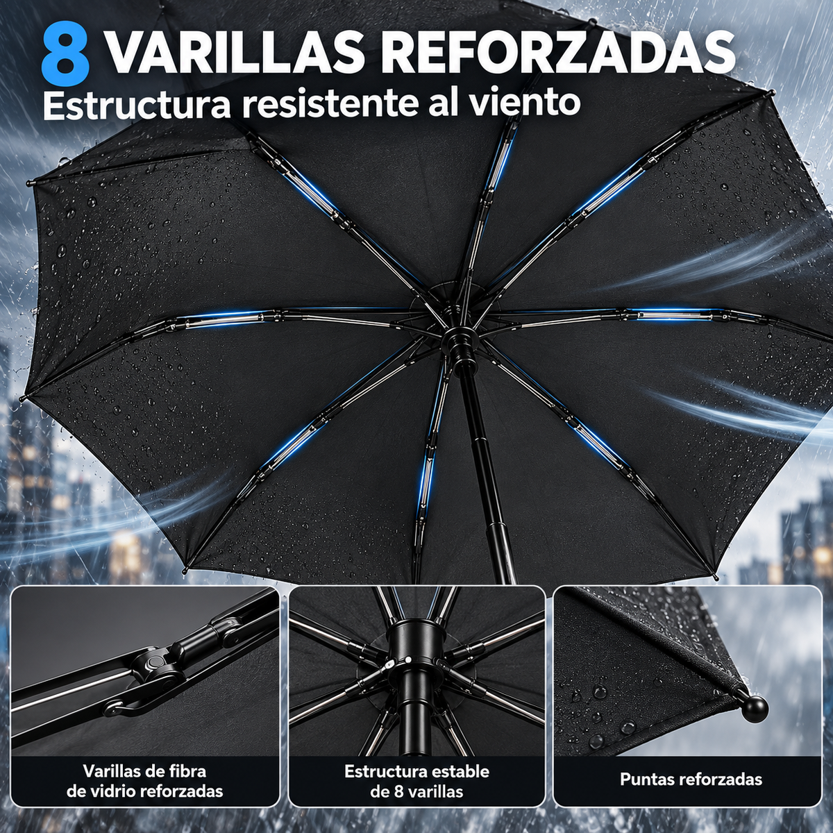Home Universal® Paraguas Automático Plegable Grande, Compacto y Resistente, para Lluvia y Sol (Mango Curvo (Negro))