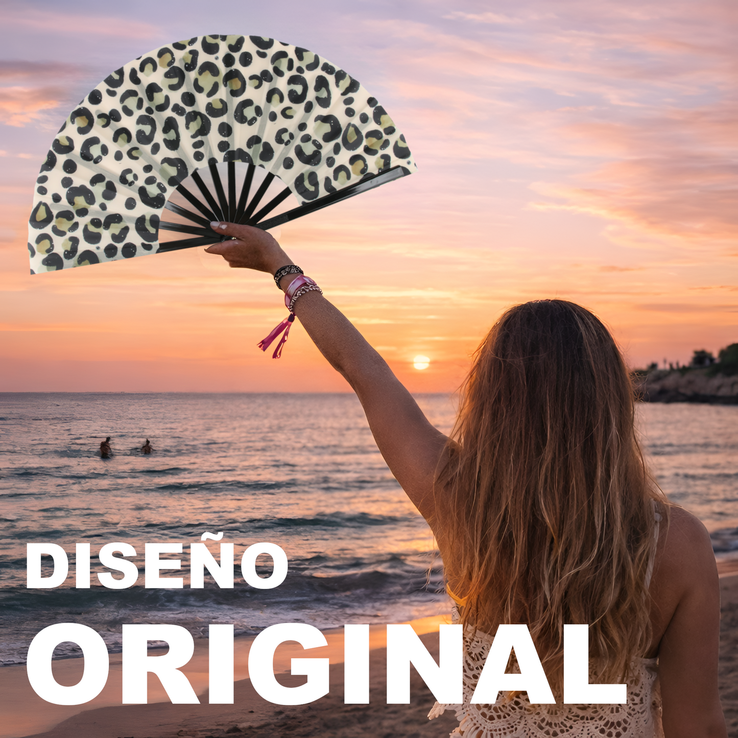Home Universal® Abanico XXL 33 cm Grande de Plástico con Caja – Plegable, Ligero y Resistente – Efecto Fluorescente Brillante – Ideal para Verano, Fiesta, Discoteca, Pride y Eventos (Leopardo - Beige)