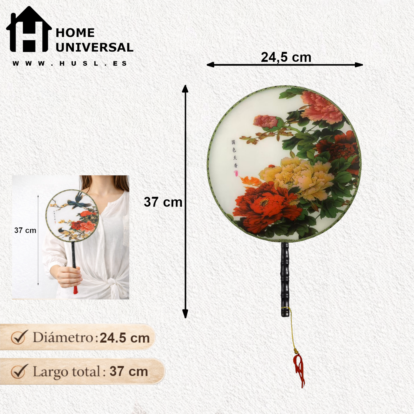 Home Universal® Abanico Redondo Chino - Imprimido de una Sola Cara – Abanico Clásico de Seda Translúcido y Sedoso con Patrón Floral y Mango de Madera – Estilo Oriental Antiguo Decorativo para Hogar o Regalo (Peonías Rojas Imperiales)