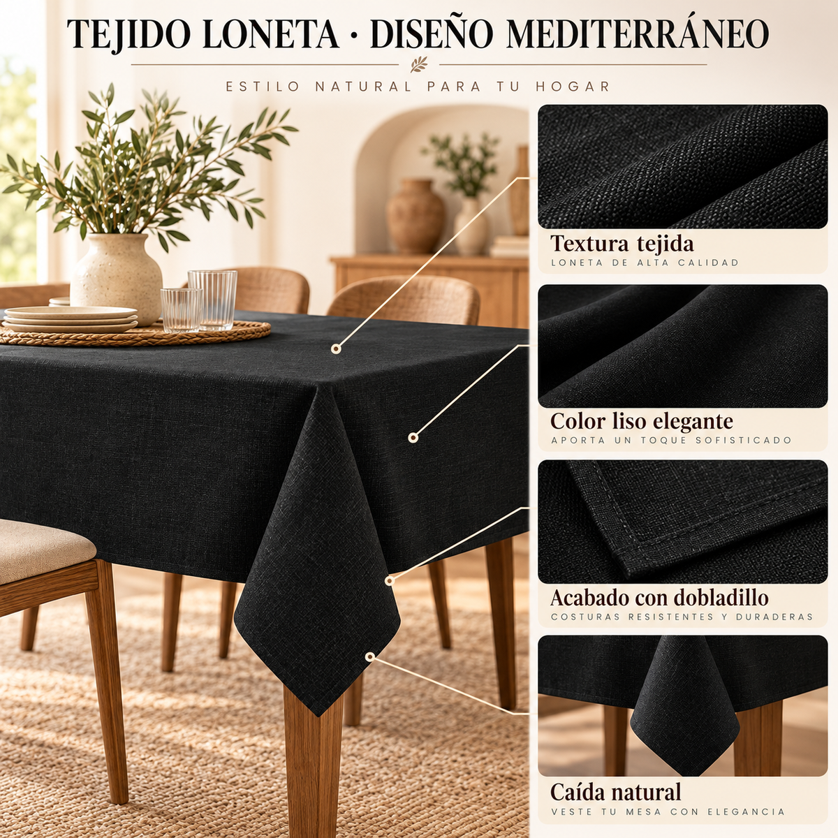 Home Universal® Mantel de Mesa Impermeable y Antimanchas, Tejido de Loneta con Efecto Lino , Liso o Estampado, para Cocina y Comedor (Negro Liso)
