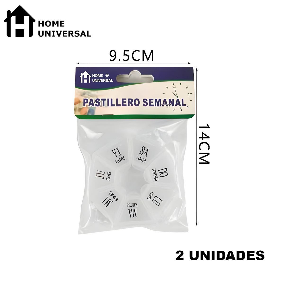 Home Universal® Pastillero portátil y semanal con 6, 7 o 28 compartimentos | Caja organizadora de pastillas con cortador integrado – Diferentes colores y formatos (Pastillero semanal 7 compartimentos - Octogonal)