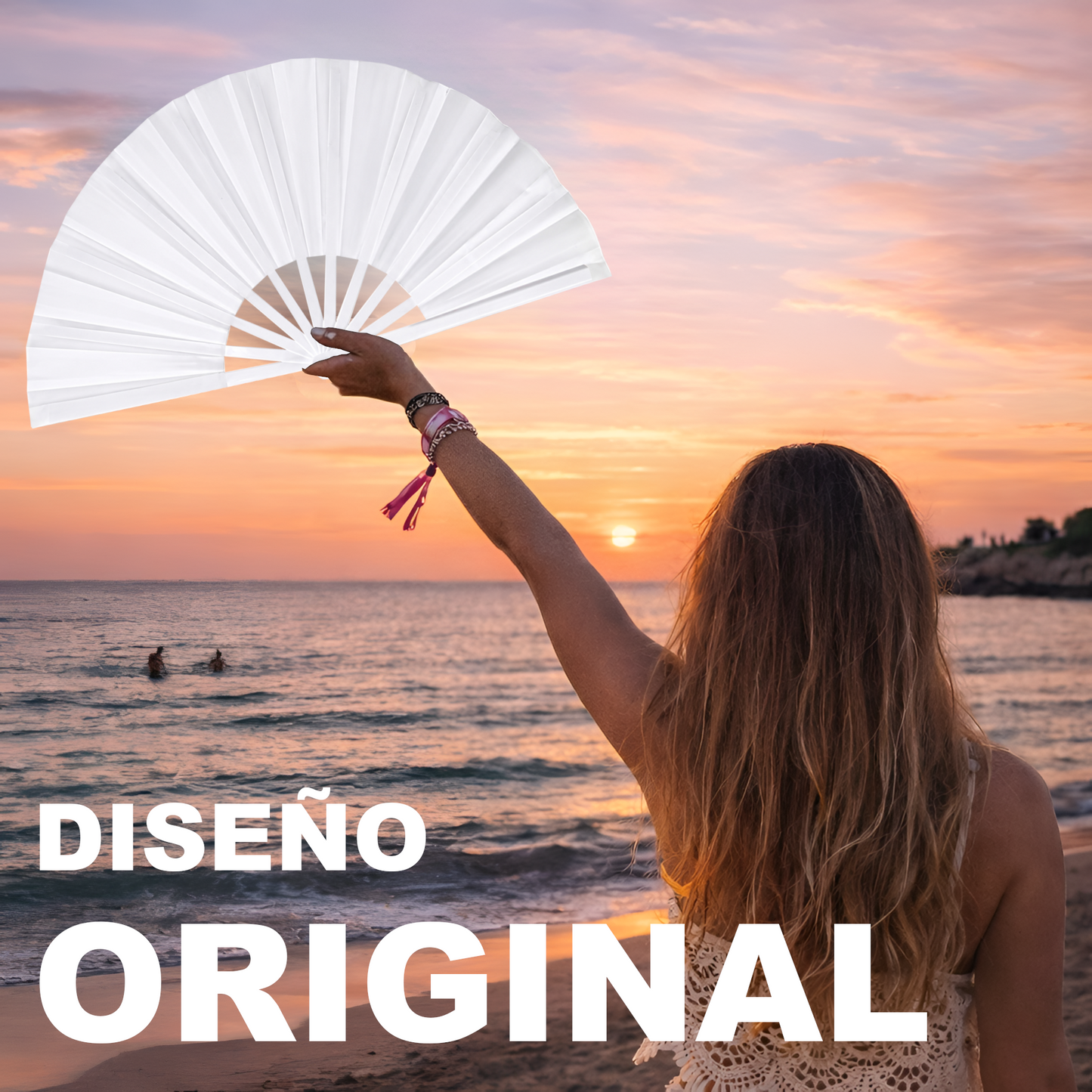 Home Universal® Abanico XXL 33 cm Grande de Plástico con Caja – Plegable, Ligero y Resistente – Efecto Fluorescente Brillante – Ideal para Verano, Fiesta, Discoteca, Pride y Eventos - Blanco (Liso)