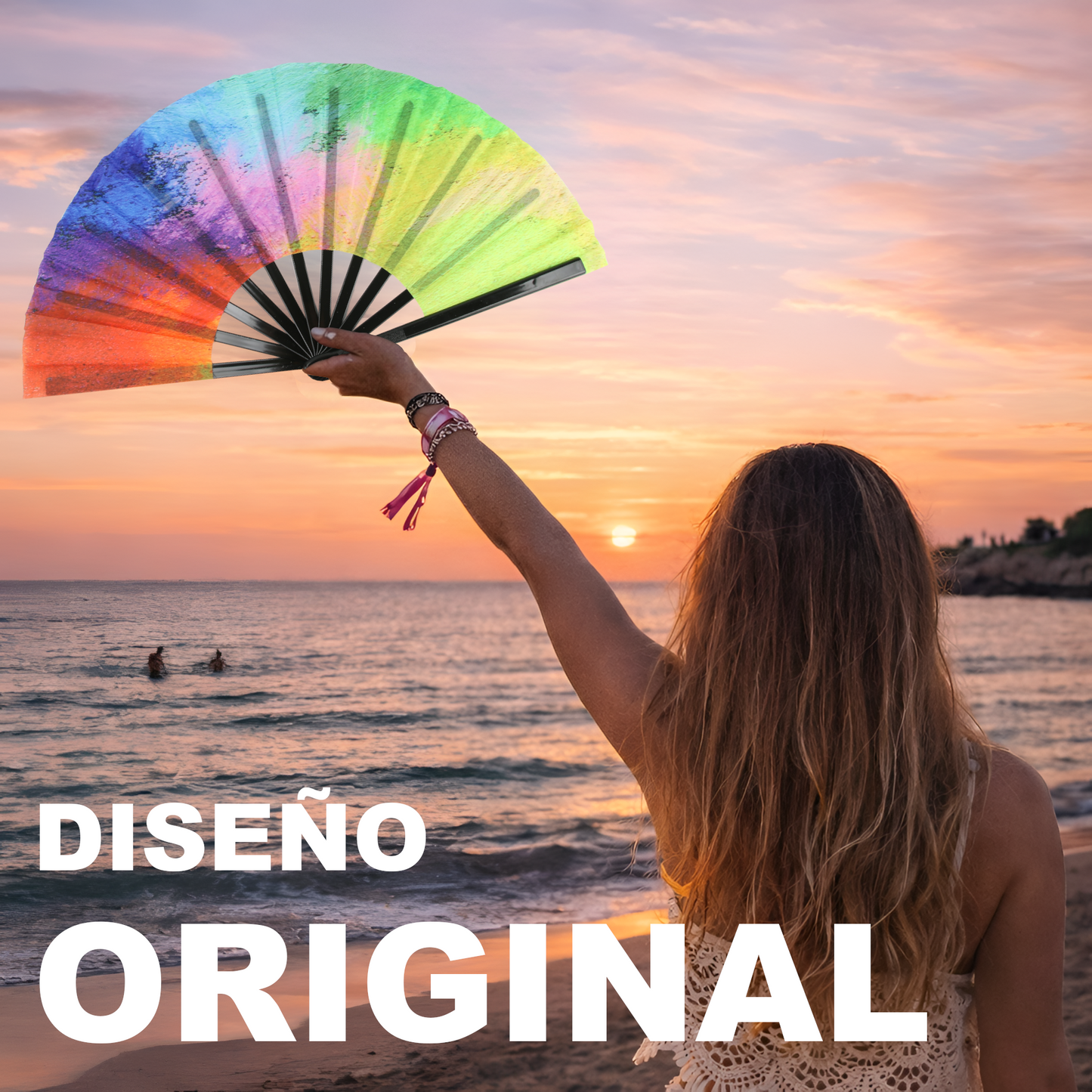 Home Universal® Abanico XXL 33 cm Grande de Plástico con Caja – Plegable, Ligero y Resistente – Efecto Fluorescente Brillante – Ideal para Verano, Fiesta, Discoteca, Pride y Eventos - Neón Arcoíris – Reacciona a la Luz UV