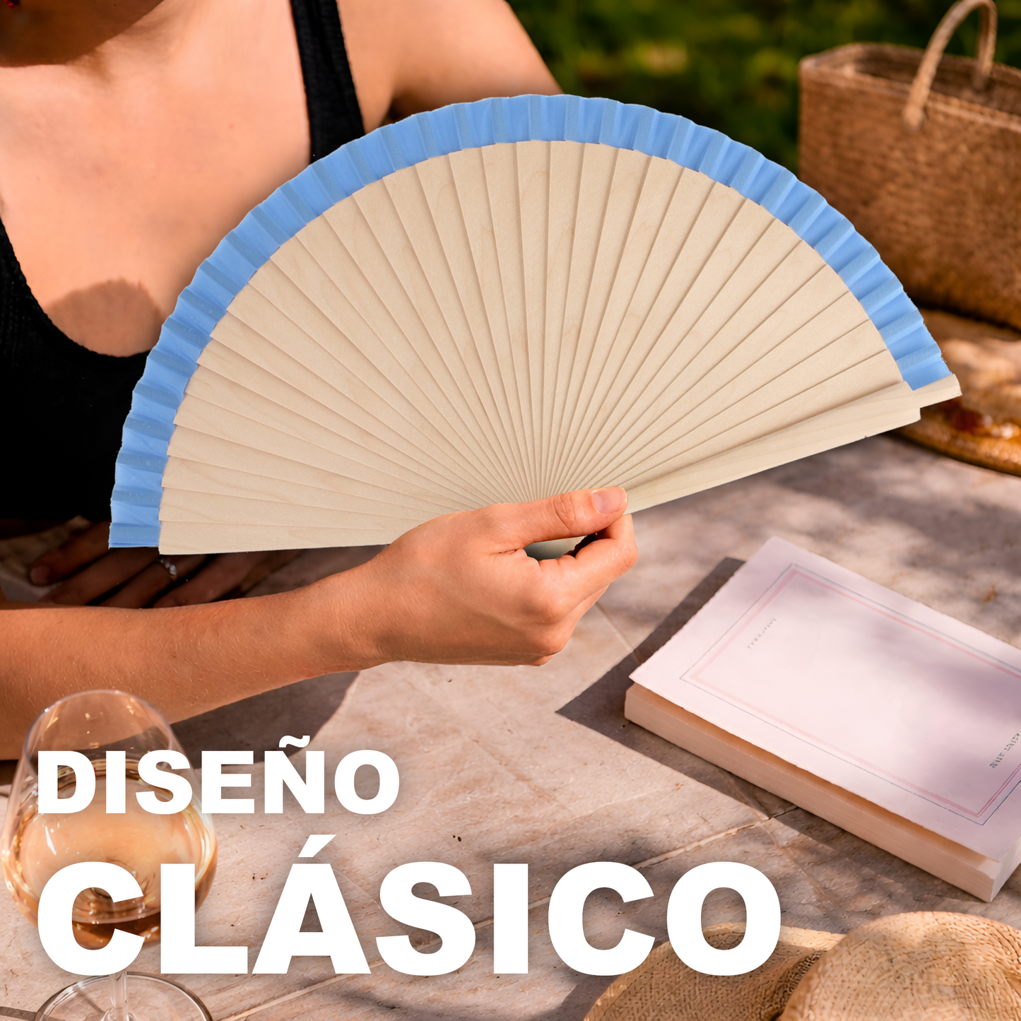 Home Universal®  Abanicos de Madera con Argolla para Cuello, Plegables con Tela en Varios Colores - Ligeros, Portátiles y Resistentes para Eventos, Bodas y Verano - Azul  23 CM (12 Unidades)
