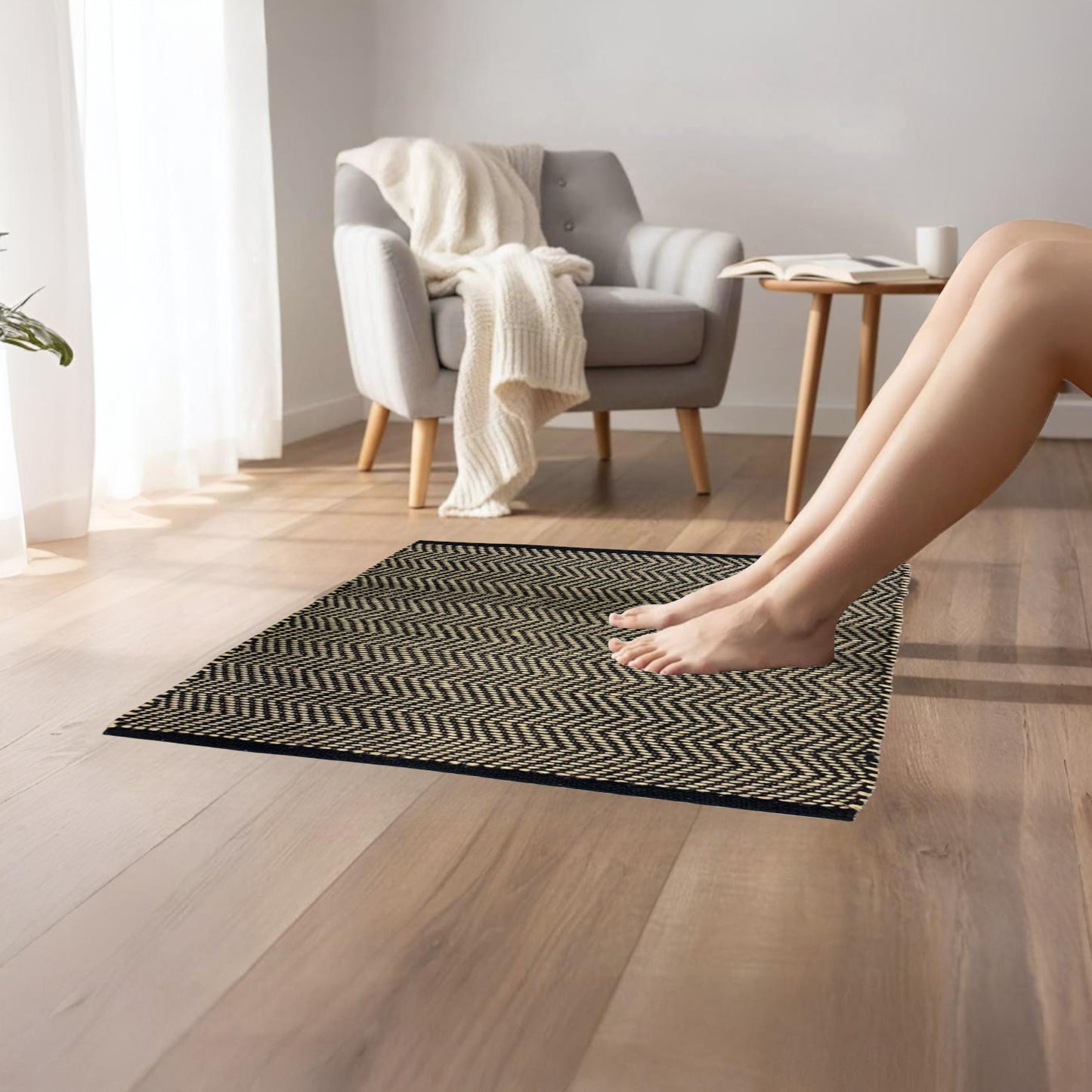 Home Universal® Alfombra Jarapa de Algodón Lavable | Diseño Geométrico Artesanal | Decoración Boho Mediterránea para Salón, Dormitorio, Pasillo y Cocina | Suave, Ligera y Resistente | Zigzag Ébano