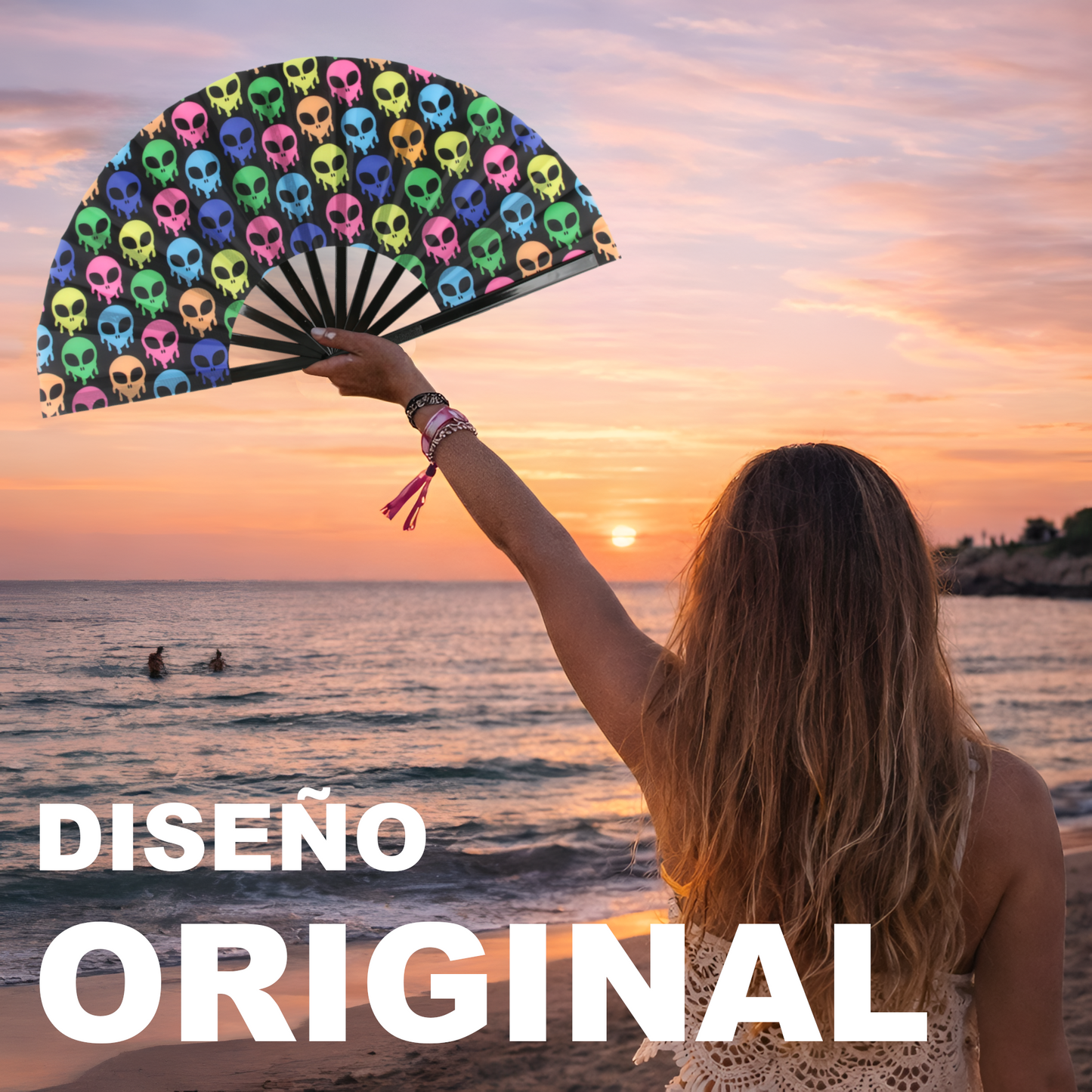 Home Universal® Abanico XXL 33 cm Grande de Plástico con Caja – Plegable, Ligero y Resistente – Efecto Fluorescente Brillante – Ideal para Verano, Fiesta, Discoteca, Pride y Eventos (Alienigena - Multicolor)