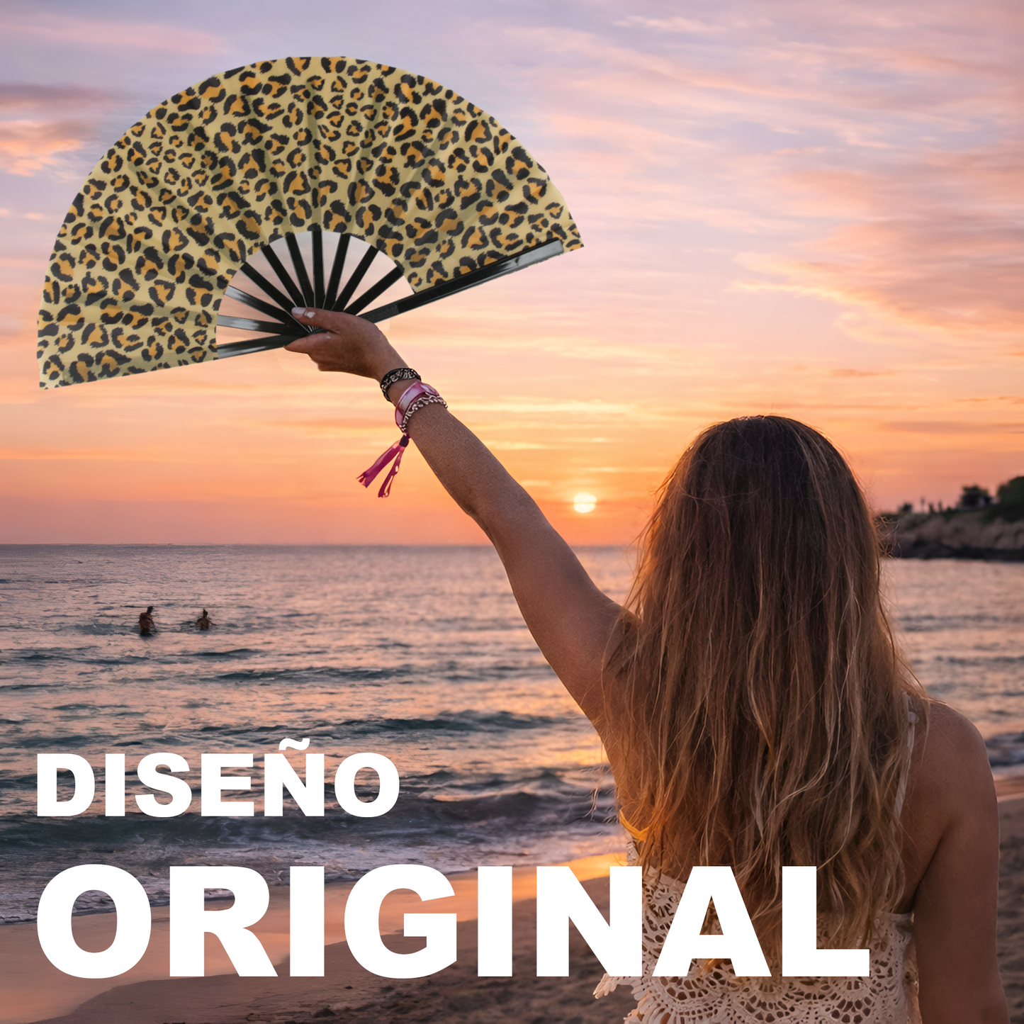 Home Universal® Abanico XXL 33 cm Grande de Plástico con Caja – Plegable, Ligero y Resistente – Efecto Fluorescente Brillante – Ideal para Verano, Fiesta, Discoteca, Pride y Eventos (Leopardo - Natural)