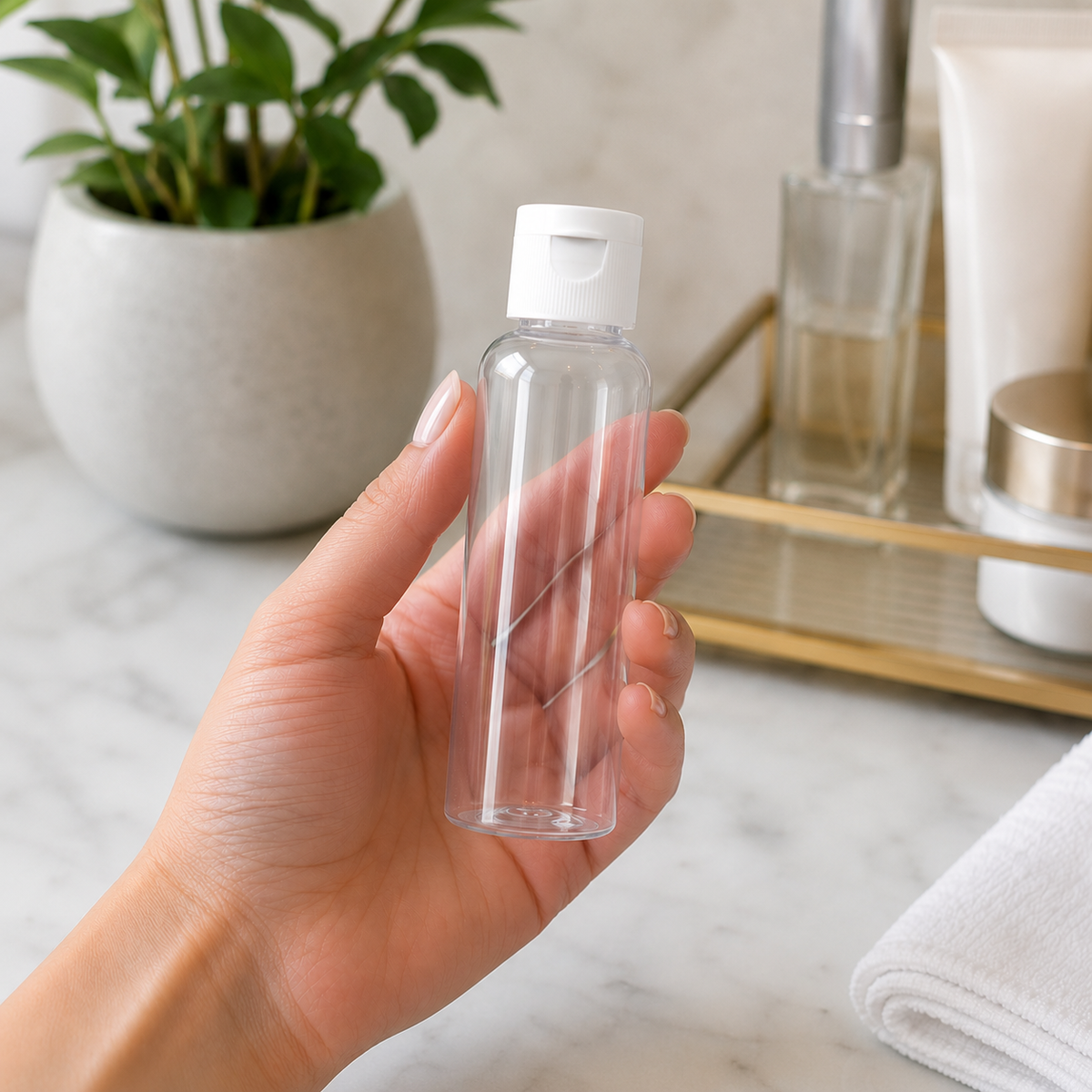 Home Universal® Botellas Vacías de Plástico con Pulverizador y Tapa Flip-Top, Reutilizables para Viaje, Cosméticos, Champú, Gel, Loción y Líquidos (100ml, Botella Tapa Flip-Top (24 Uds))