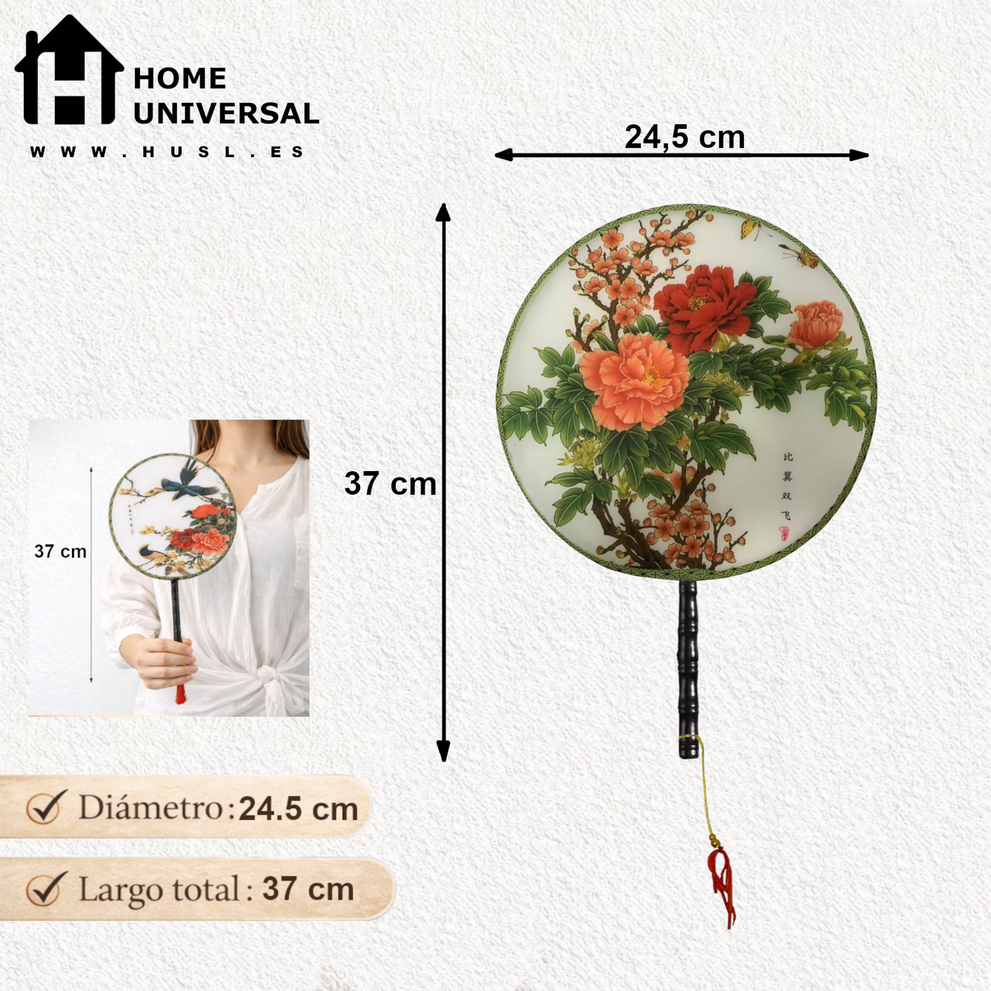 Home Universal® Abanico Redondo Chino - Imprimido de una Sola Cara – Abanico Clásico de Seda Translúcido y Sedoso con Patrón Floral y Mango de Madera – Estilo Oriental Antiguo Decorativo para Hogar o Regalo (Peonías Coral en Flor)
