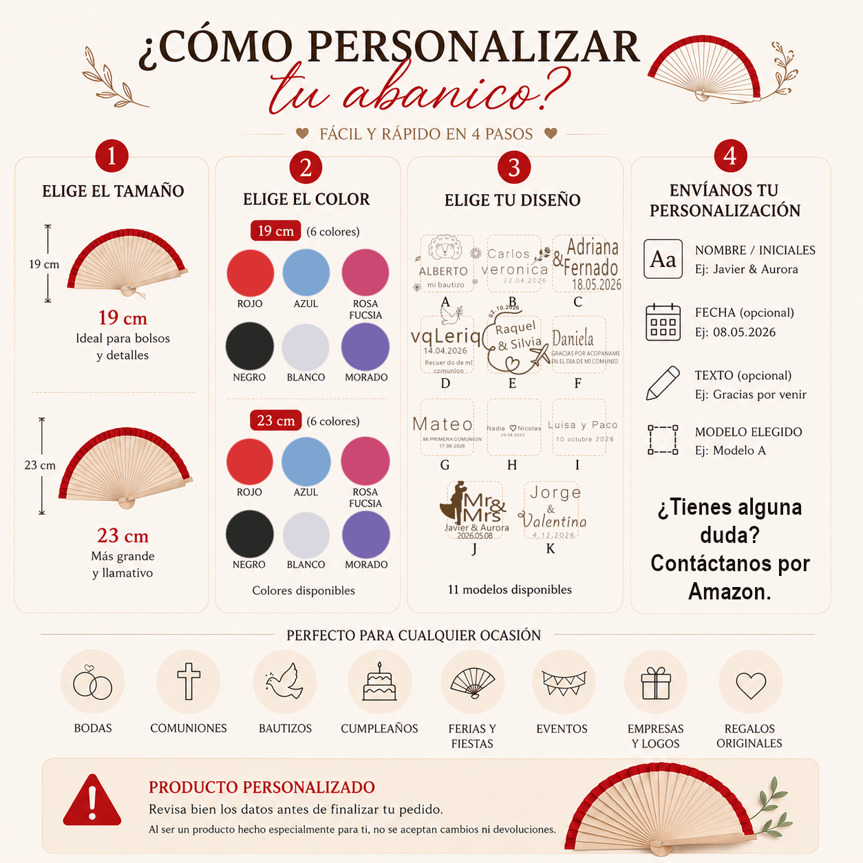 Home Universal® Abanico Personalizado de Madera, 1 Unidad – Detalle Elegante para Boda, Bautizo o Comunión, con Nombre y Fecha, Recuerdo Original para Invitados, 19 y 23 cm(Azul)