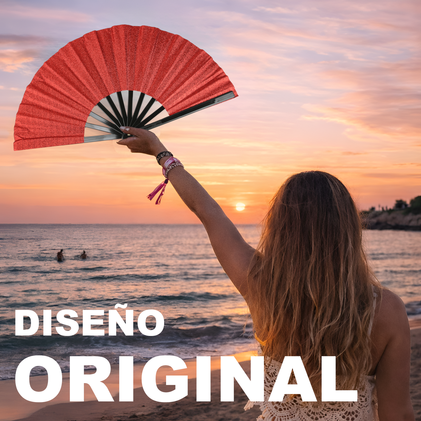 Home Universal® Abanico XXL 33 cm Grande de Plástico con Caja – Plegable, Ligero y Resistente – Efecto Fluorescente Brillante – Ideal para Verano, Fiesta, Discoteca, Pride y Eventos - Rojo (Purpurina)