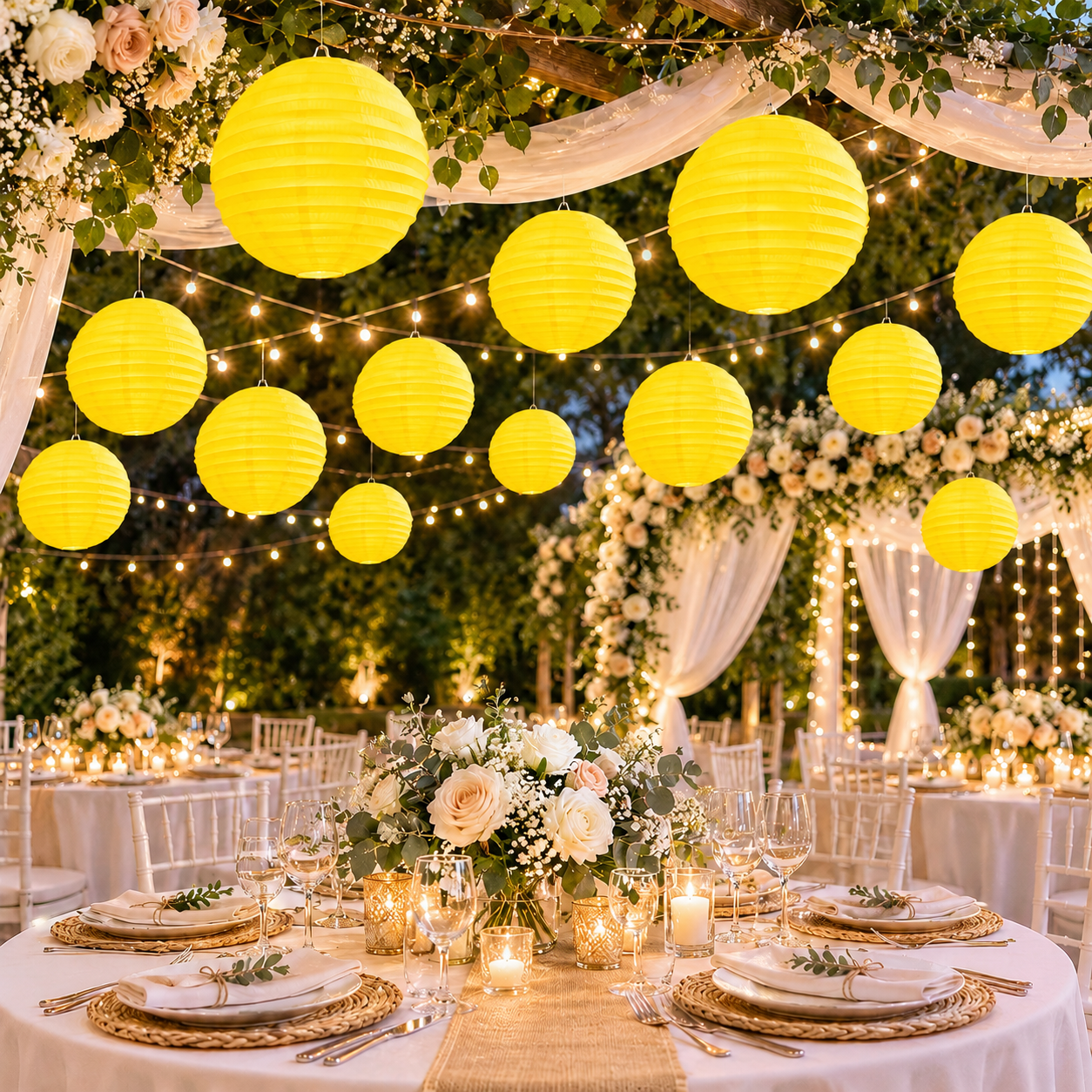 Home Universal® 12 Farolillos Japoneses de Papel, Decoración Colgante Multicolor para Cumpleaños, Bodas, Jardín y Celebraciones (Farolillo Redondo Amarillo)
