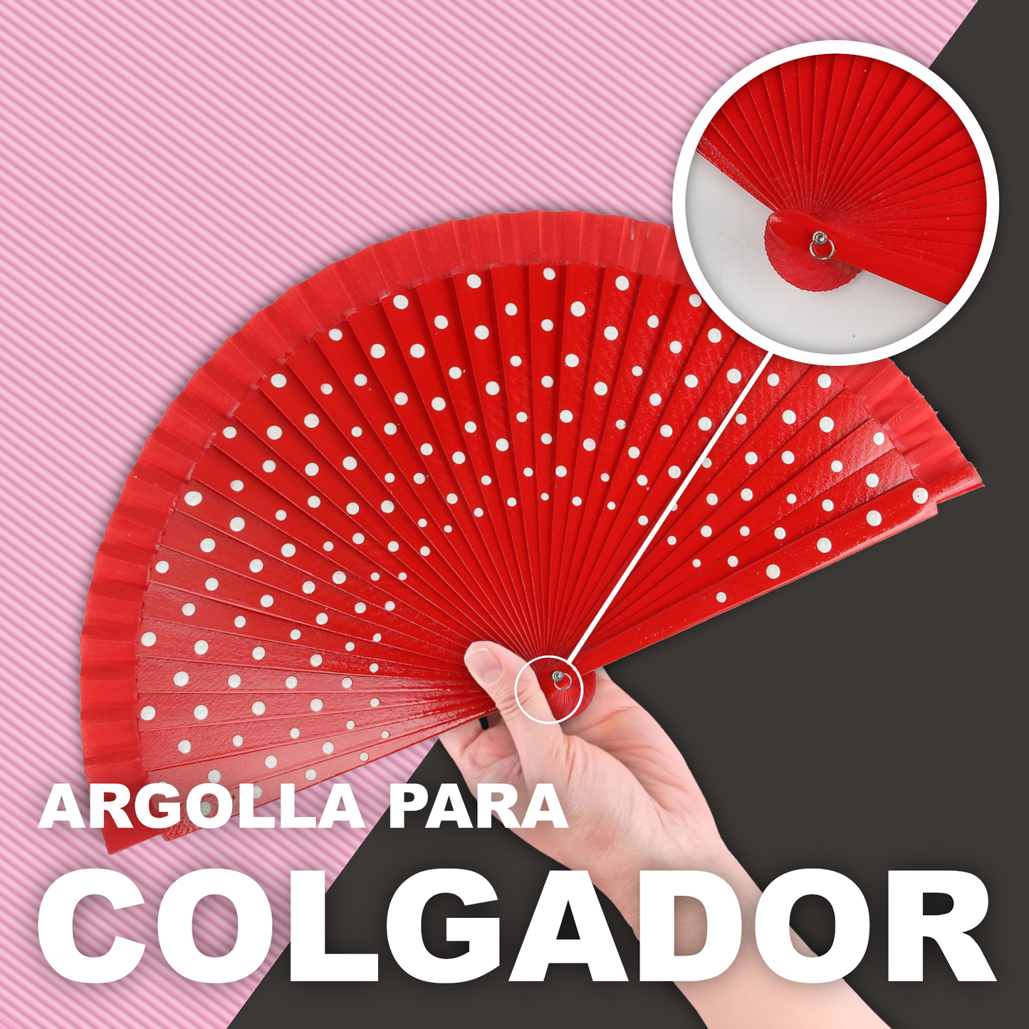 Home Universal®  Abanico Español Plegable de Madera con Argolla de Doble Cara Rojo con Lunares - Ventilador de Mano Ligero Portátil para Flamenco, Bodas, Fiesta y Verano - Rojo Con Lunar Blanco - 23 CM (12 Unidades)
