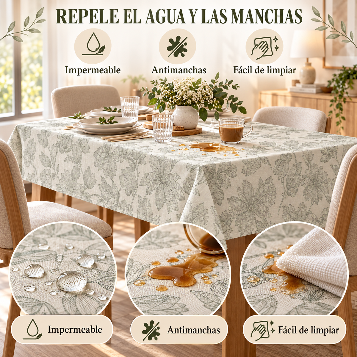 Home Universal® Mantel de Mesa Impermeable y Antimanchas, Tejido de Loneta con Efecto Lino , Liso o Estampado, para Cocina y Comedor (Flores Botánicas)