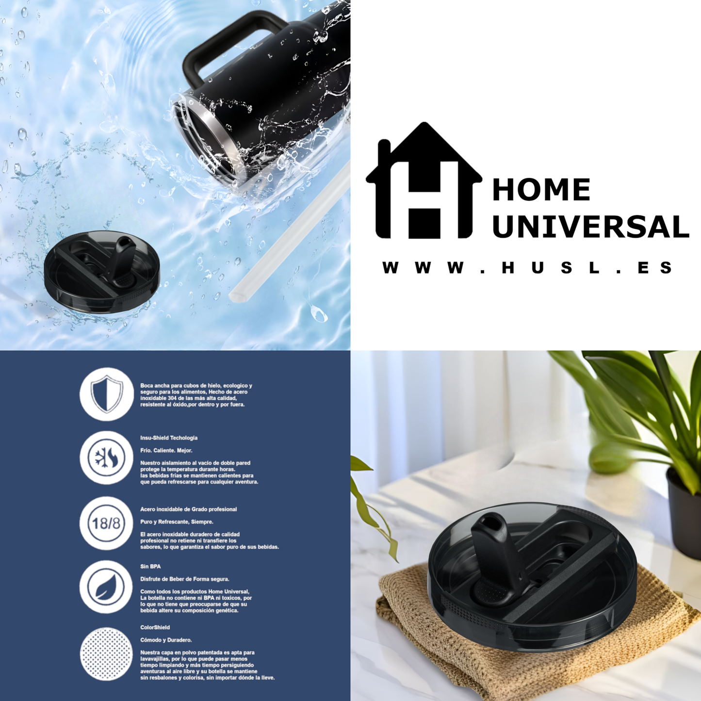 Home Universal ® Botella térmico 1200 ml con Pajita | A prueba de fugas | Acero Inoxidable sin BPA | Mantiene Frío 24h y Calor 12h | Termo Reutilizable Fácil de Llevar (Blanco)