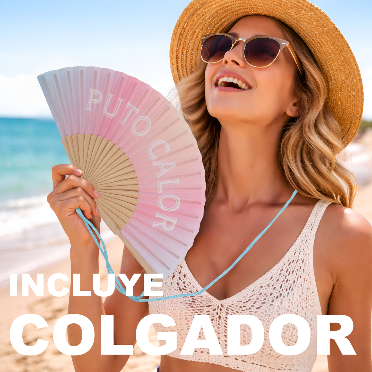 Home Universal® Abanico 23 cm con Cuerda para Cuello – Abanico Plegable de Madera Ligero y Portátil – Accesorio de Verano para Playa, Festivales, Bodas y Eventos – Diseño Divertido, Ideal para Viajes y Calor (P*TO CALOR (Fantasía))