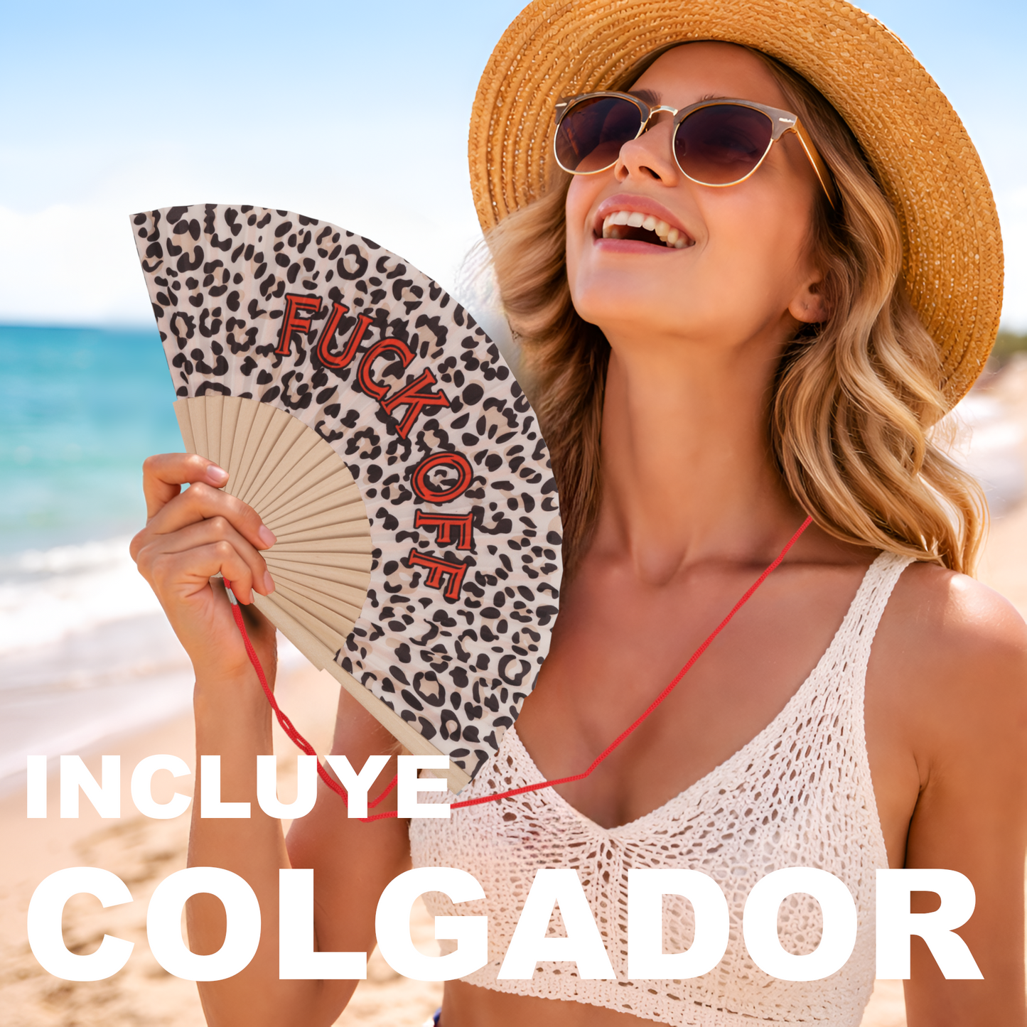 Home Universal® Abanico 23 cm con Cuerda para Cuello – Abanico Plegable de Madera Ligero y Portátil – Accesorio de Verano para Playa, Festivales, Bodas y Eventos – Diseño Divertido, Ideal para Viajes y Calor (FUC* OFF (Leopardo))