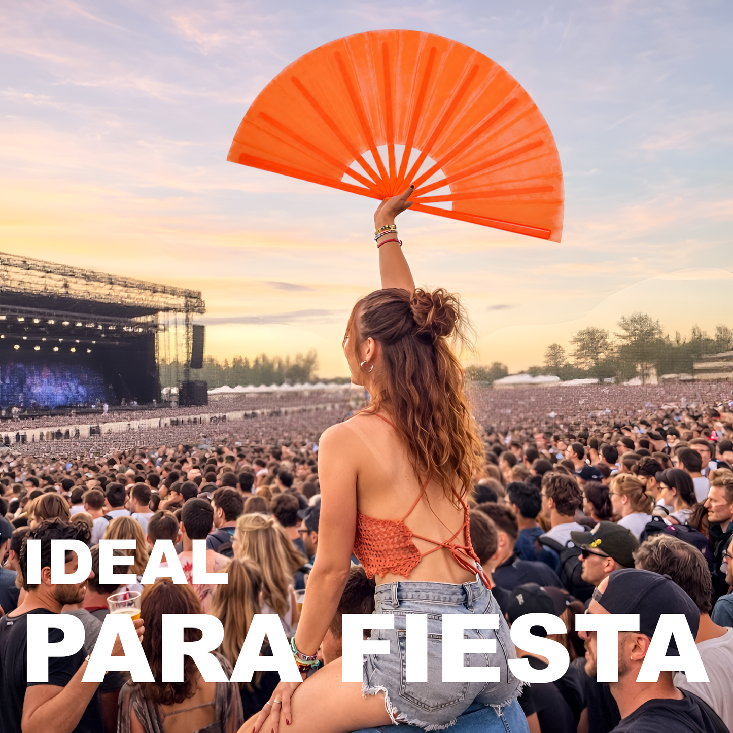 Home Universal® Abanico XXL 33 cm Grande de Plástico con Caja – Plegable, Ligero y Resistente – Efecto Fluorescente Brillante – Ideal para Verano, Fiesta, Discoteca, Pride y Eventos - Naranja (Liso)