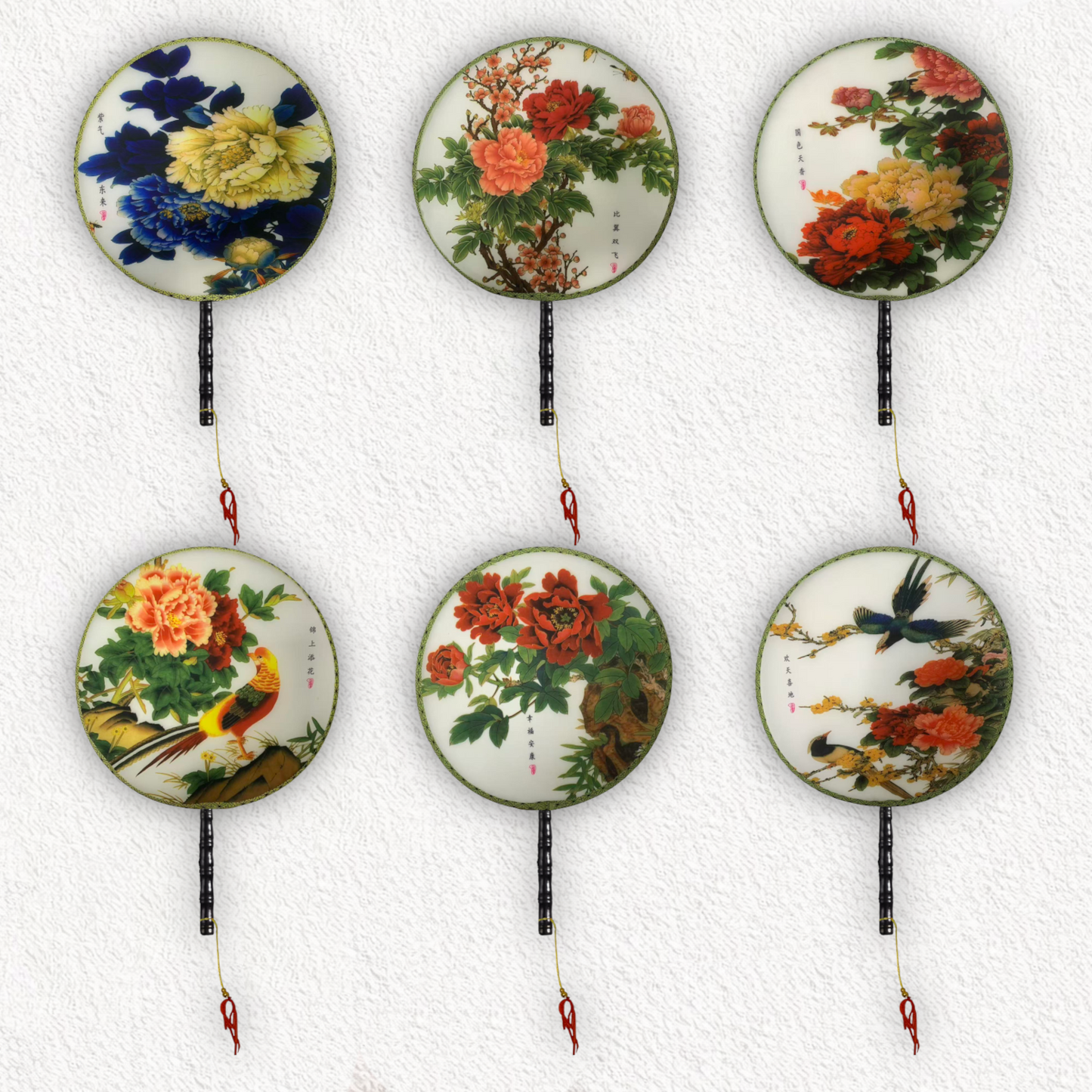 Home Universal® Abanico Redondo Chino - Imprimido de una Sola Cara – Abanico Clásico de Seda Translúcido y Sedoso con Patrón Floral y Mango de Madera – Estilo Oriental Antiguo Decorativo para Hogar o Regalo (Golondrina y Peonías)