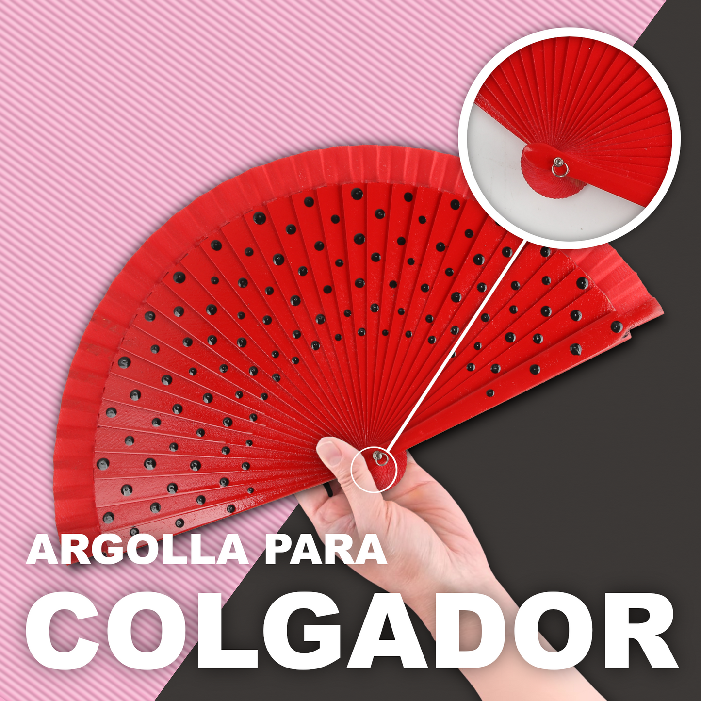 Home Universal®  Abanico Español Plegable de Madera con Argolla de Doble Cara Rojo con Lunares - Ventilador de Mano Ligero Portátil para Flamenco, Bodas, Fiesta y Verano - Rojo Con Lunar Blanco - Rojo Con Lunar Negro - 23 CM (12 Unidades)