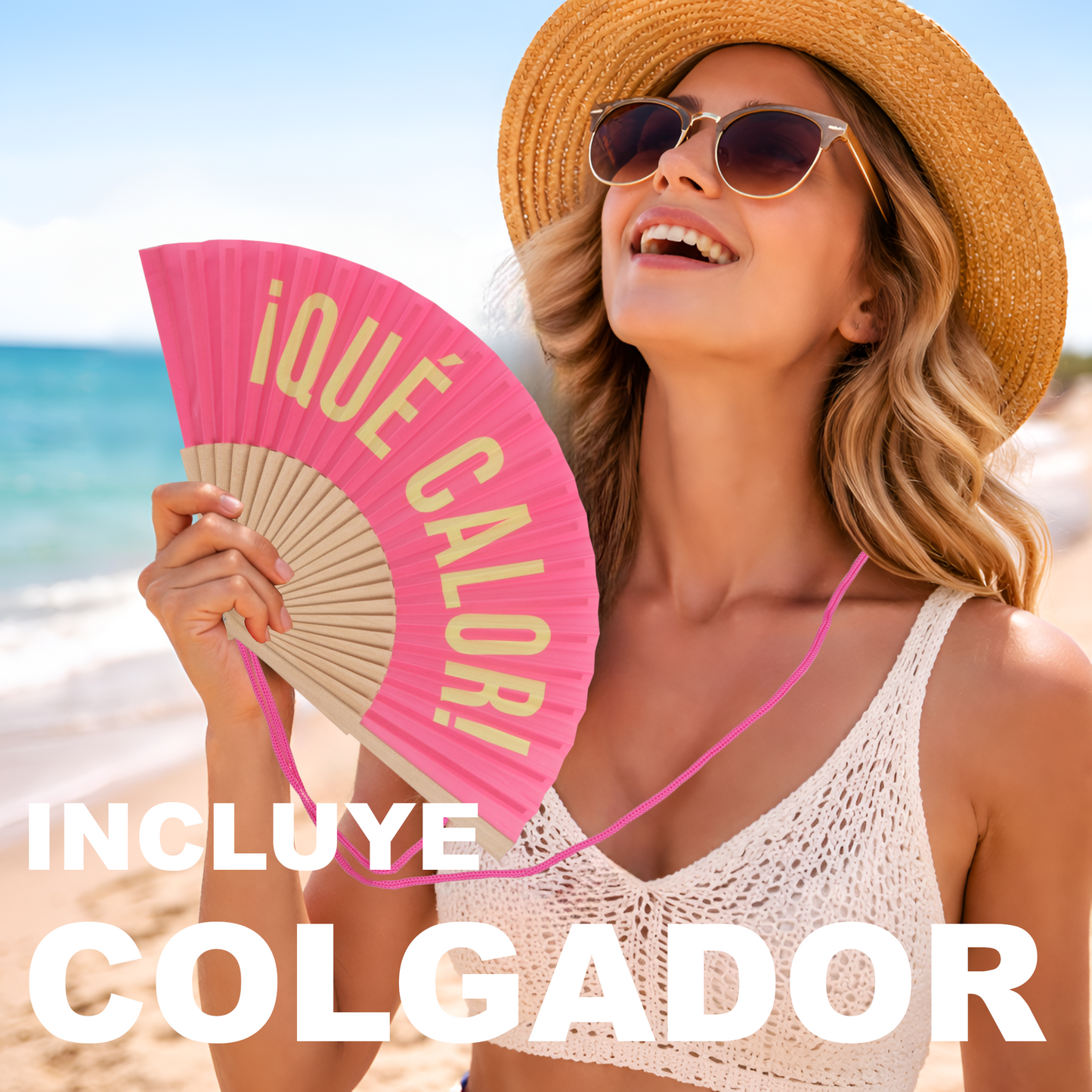 Home Universal® Abanico 23 cm con Cuerda para Cuello – Abanico Plegable de Madera Ligero y Portátil – Accesorio de Verano para Playa, Festivales, Bodas y Eventos – Diseño Divertido, Ideal para Viajes y Calor (¡QUÉ CALOR! (Rosa))