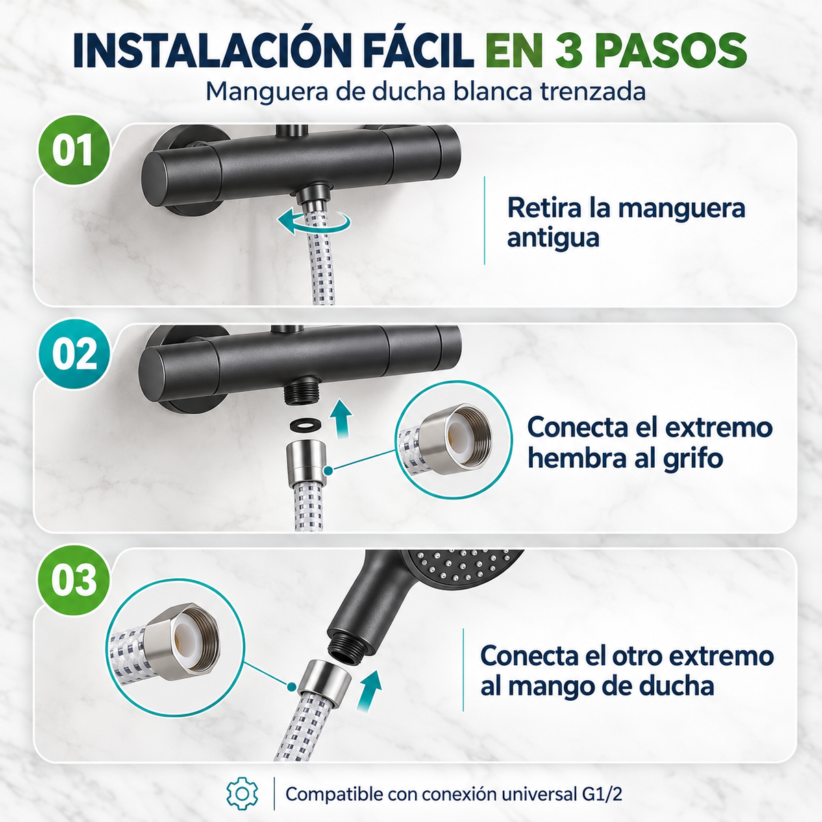Home Universal® Manguera de Ducha Universal G1/2 – Flexible, Antienredos y Fácil de Instalar, Compatible con la Mayoría de Duchas (Blanco Plata (1.75m))