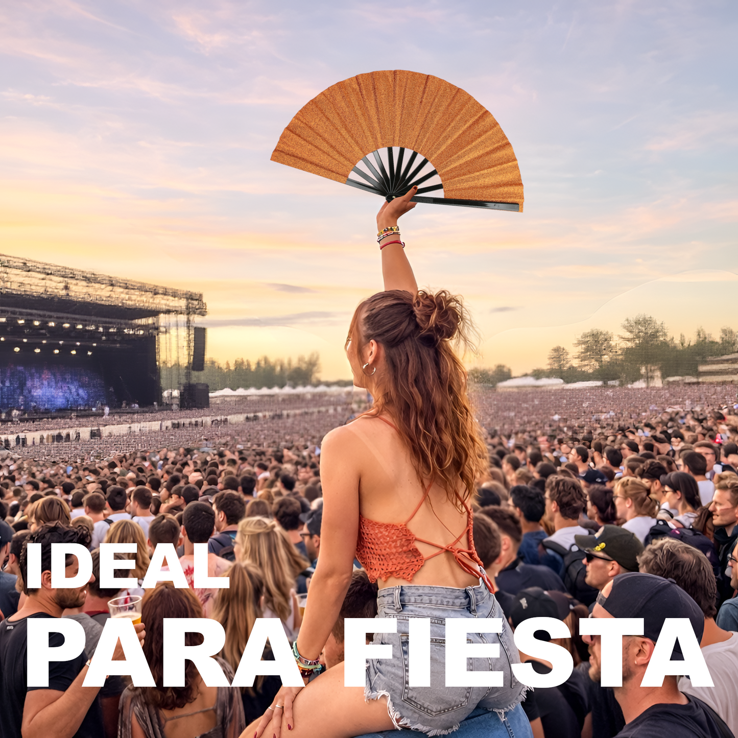 Home Universal® Abanico XXL 33 cm Grande de Plástico con Caja – Plegable, Ligero y Resistente – Efecto Fluorescente Brillante – Ideal para Verano, Fiesta, Discoteca, Pride y Eventos - Naranja (Purpurina)