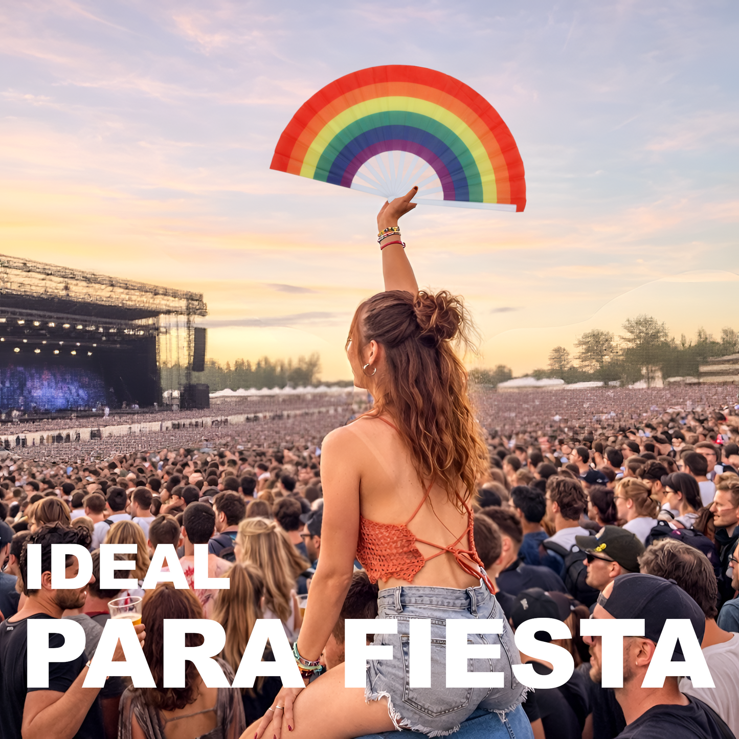 Home Universal® Abanico XXL 33 cm Grande de Plástico con Caja – Plegable, Ligero y Resistente – Efecto Fluorescente Brillante – Ideal para Verano, Fiesta, Discoteca, Pride y Eventos (ArcoÍris - Estampado)
