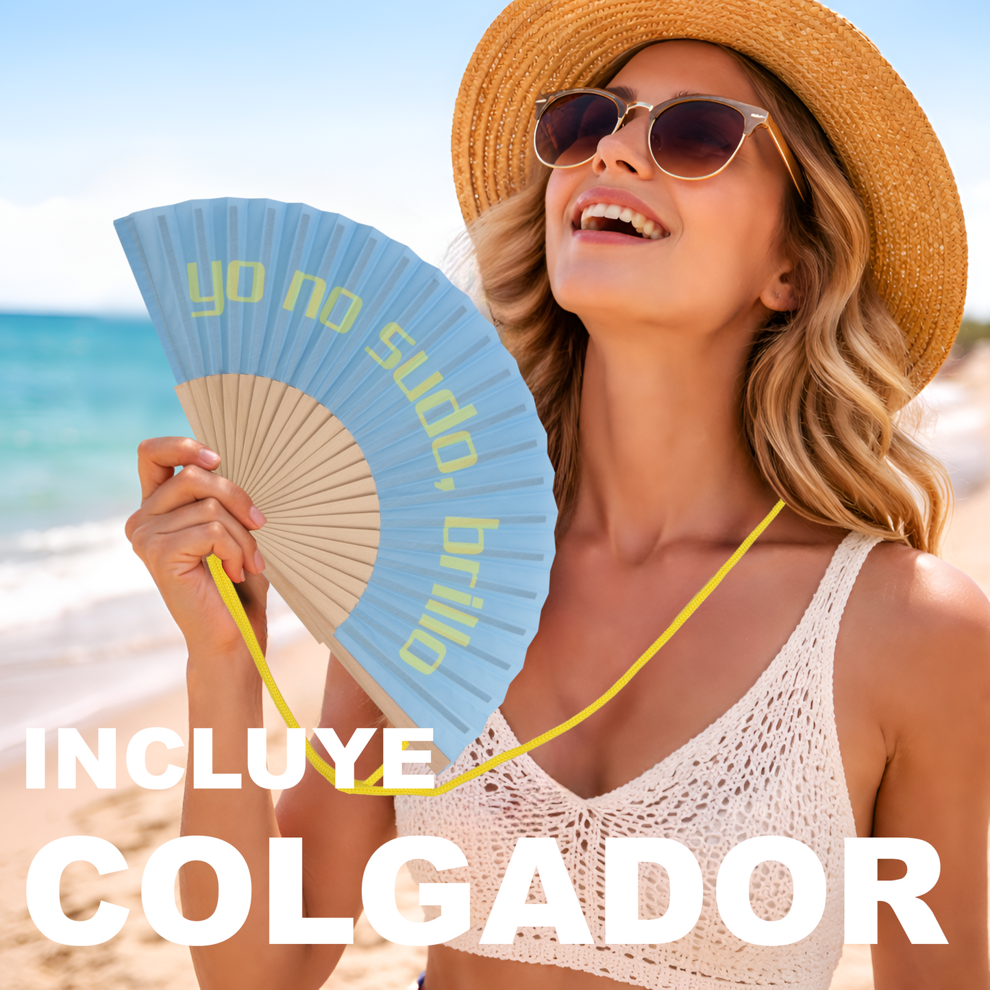 Home Universal® Abanico 23 cm con Cuerda para Cuello – Abanico Plegable de Madera Ligero y Portátil – Accesorio de Verano para Playa, Festivales, Bodas y Eventos – Diseño Divertido, Ideal para Viajes y Calor (yo no sudo, brillo (Celeste))