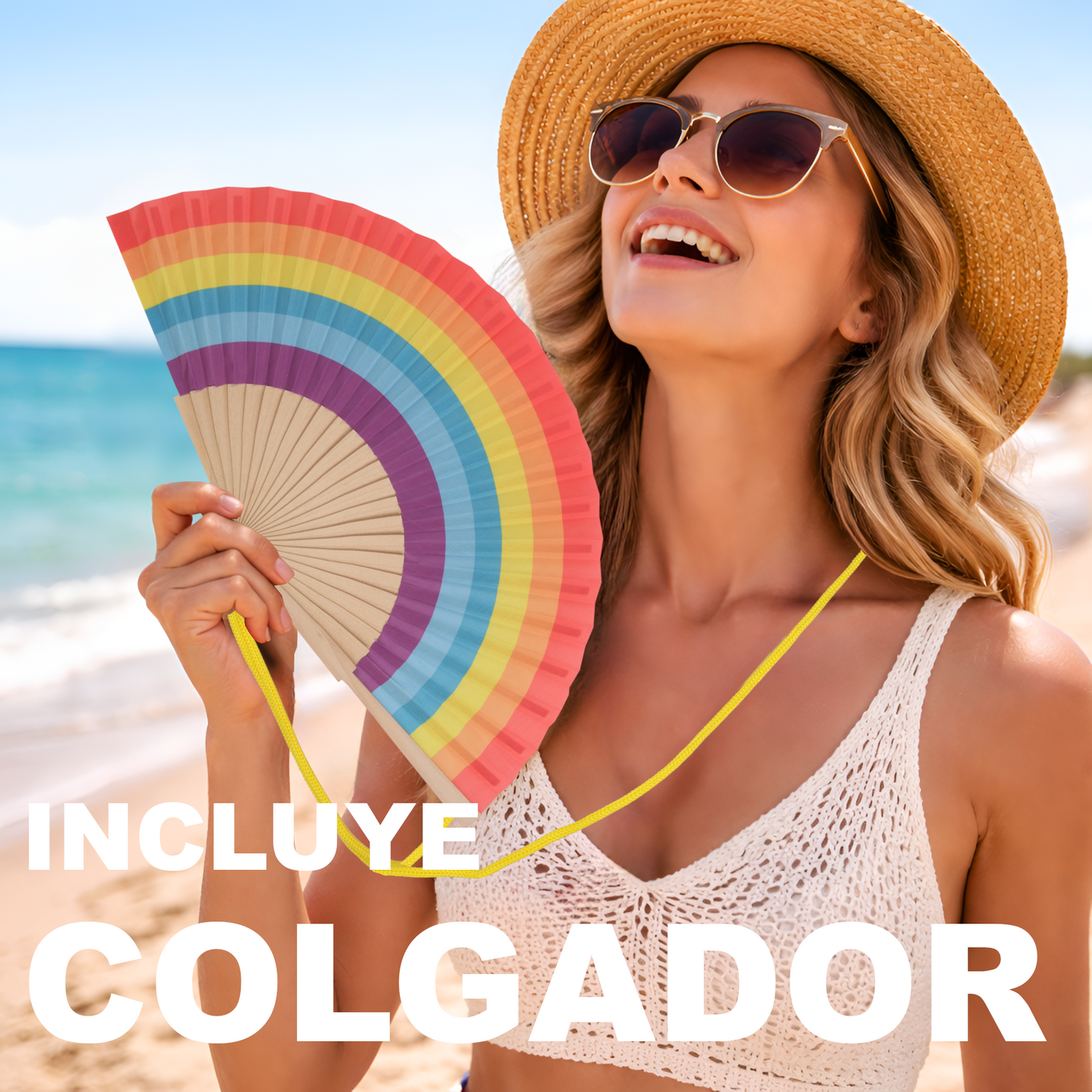 Home Universal® Abanico 23 cm con Cuerda para Cuello – Abanico Plegable de Madera Ligero y Portátil – Accesorio de Verano para Playa, Festivales, Bodas y Eventos – Diseño Divertido, Ideal para Viajes y Calor (Arcoíris Armónico)