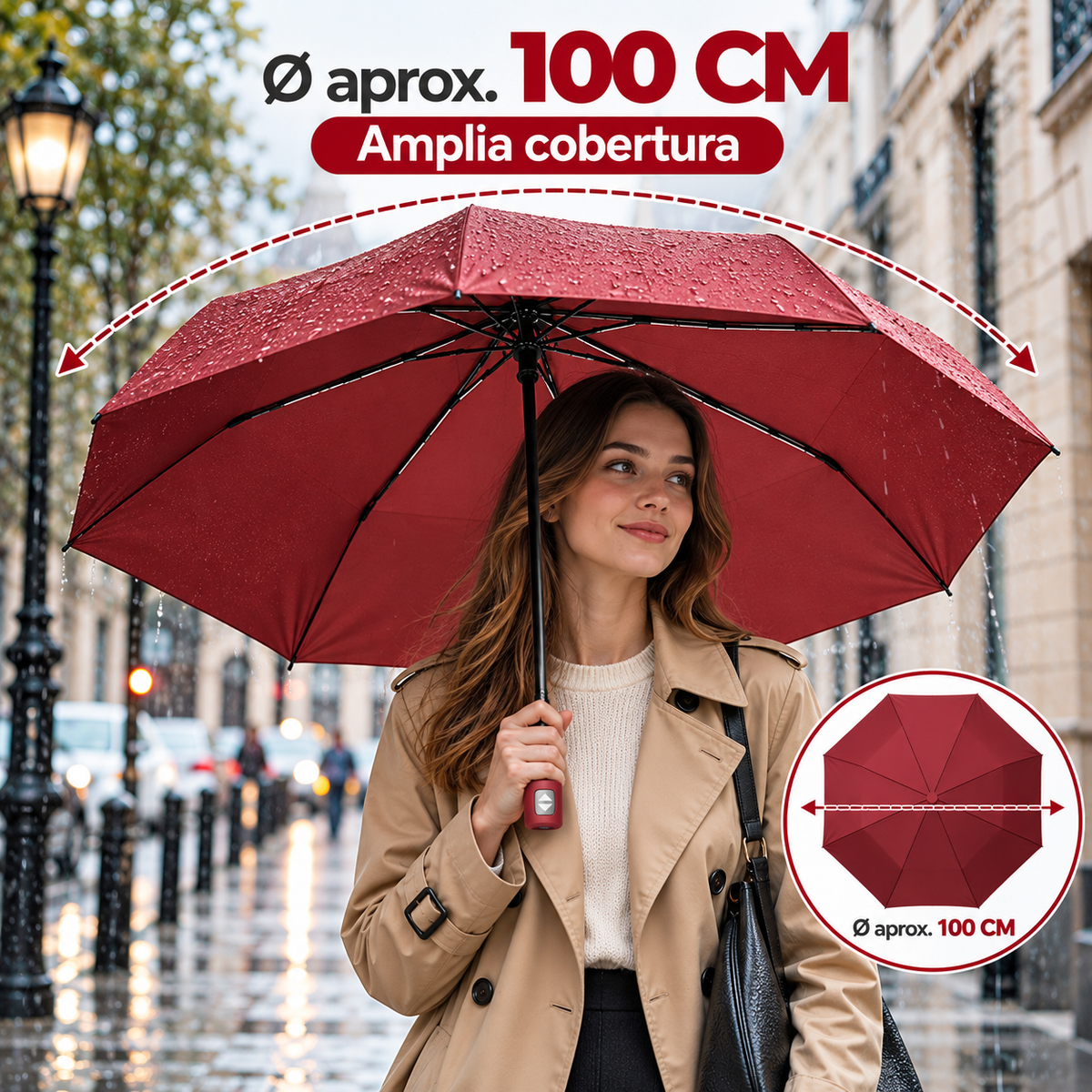 Home Universal® Paraguas Automático Plegable Grande, Compacto y Resistente, para Lluvia y Sol (Automático Apertura y Cierre (Rojo))