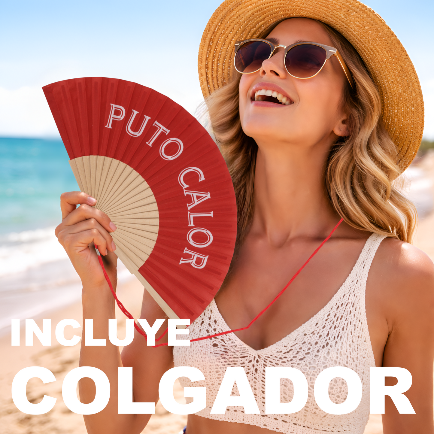 Home Universal® Abanico 23 cm con Cuerda para Cuello – Abanico Plegable de Madera Ligero y Portátil – Accesorio de Verano para Playa, Festivales, Bodas y Eventos – Diseño Divertido, Ideal para Viajes y Calor (P*TO CALOR (Rojo))