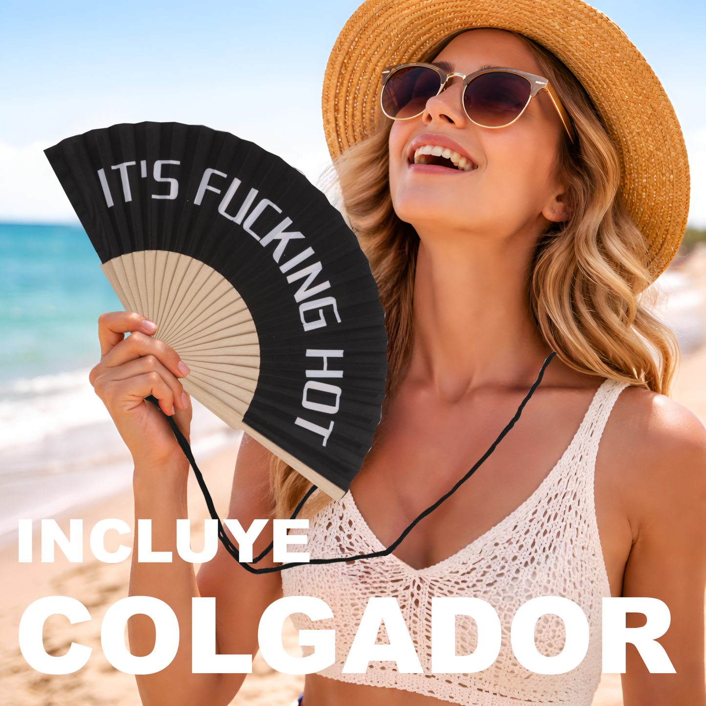 Home Universal® Abanico 23 cm con Cuerda para Cuello – Abanico Plegable de Madera Ligero y Portátil – Accesorio de Verano para Playa, Festivales, Bodas y Eventos – Diseño Divertido, Ideal para Viajes y Calor (IT´S FUC*ING HOT (Negro))