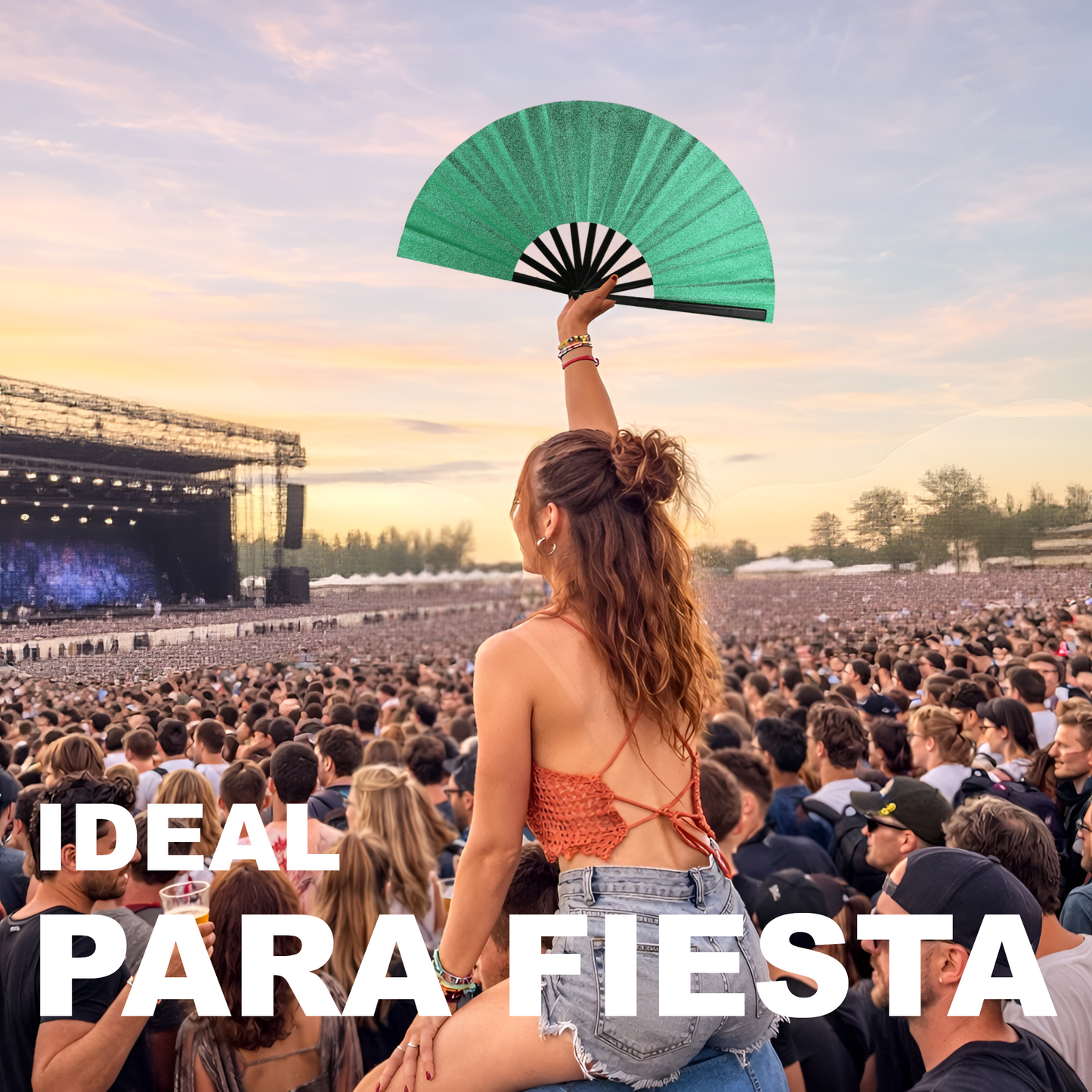 Home Universal® Abanico XXL 33 cm Grande de Plástico con Caja – Plegable, Ligero y Resistente – Efecto Fluorescente Brillante – Ideal para Verano, Fiesta, Discoteca, Pride y Eventos - Verde Oscuro (Purpurina)
