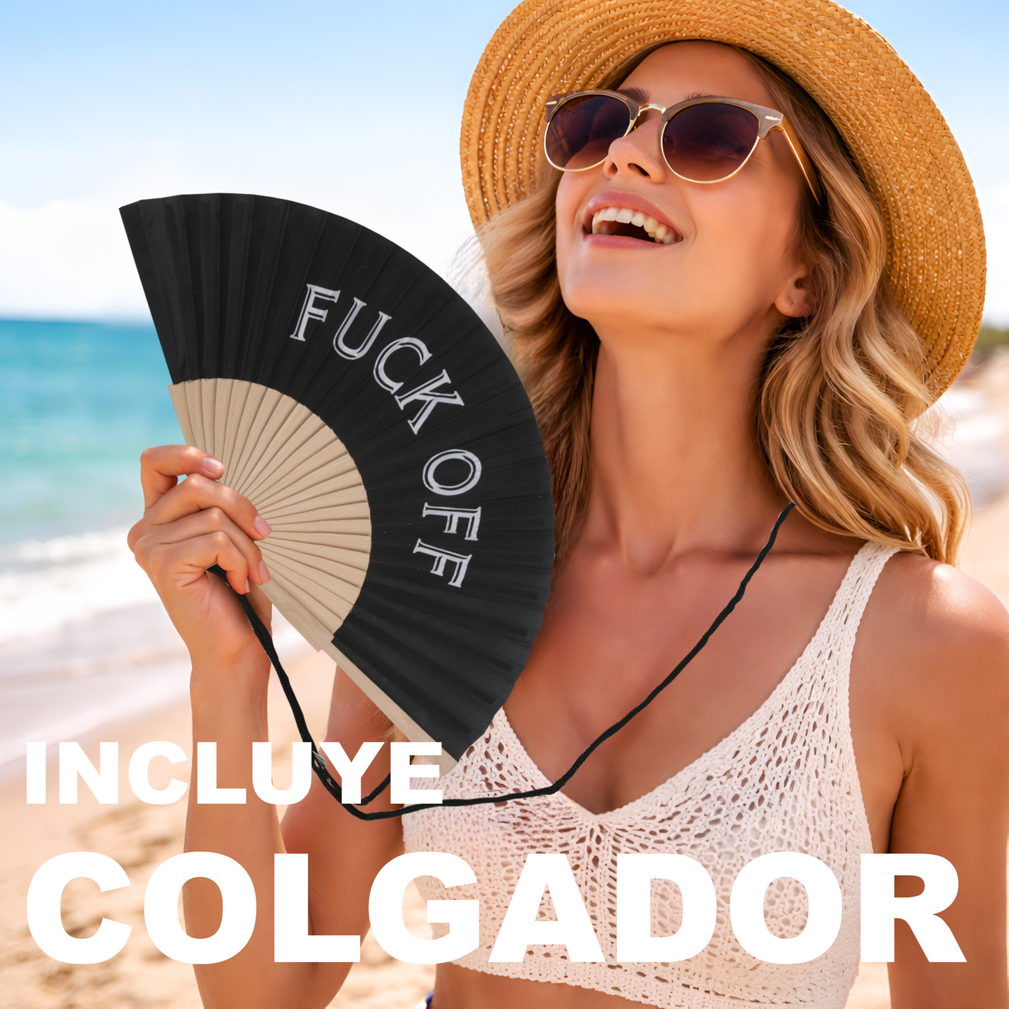 Home Universal® Abanico 23 cm con Cuerda para Cuello – Abanico Plegable de Madera Ligero y Portátil – Accesorio de Verano para Playa, Festivales, Bodas y Eventos – Diseño Divertido, Ideal para Viajes y Calor (FUC* OFF (Negro))
