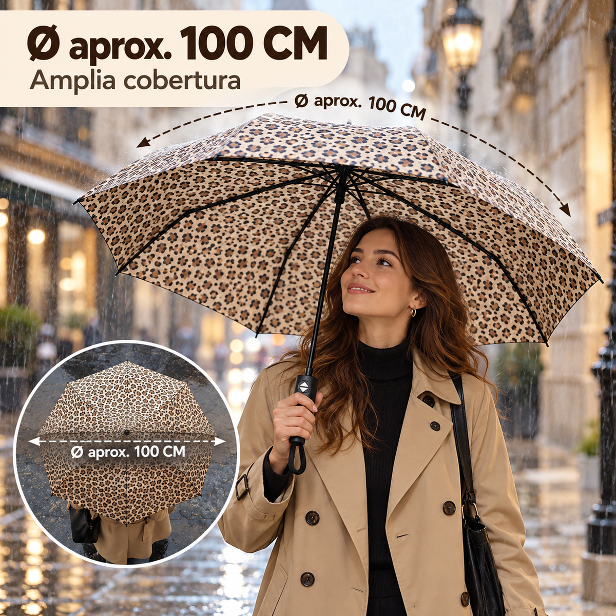 Home Universal® Paraguas Automático Plegable Grande, Compacto y Resistente, para Lluvia y Sol (Automático Apertura y Cierre (Leopardo Beige))
