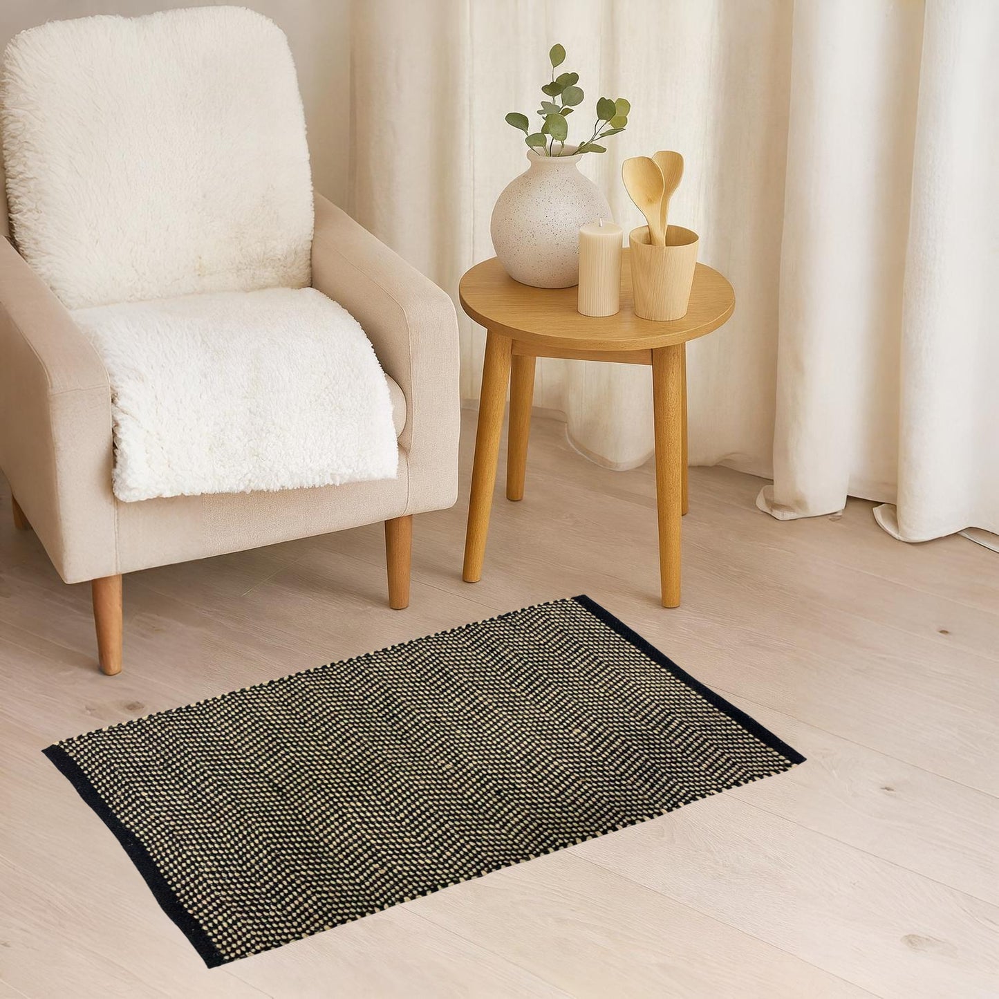 Home Universal® Alfombra Jarapa de Algodón Lavable | Diseño Geométrico Artesanal | Decoración Boho Mediterránea para Salón, Dormitorio, Pasillo y Cocina | Suave, Ligera y Resistente | Zigzag Ébano