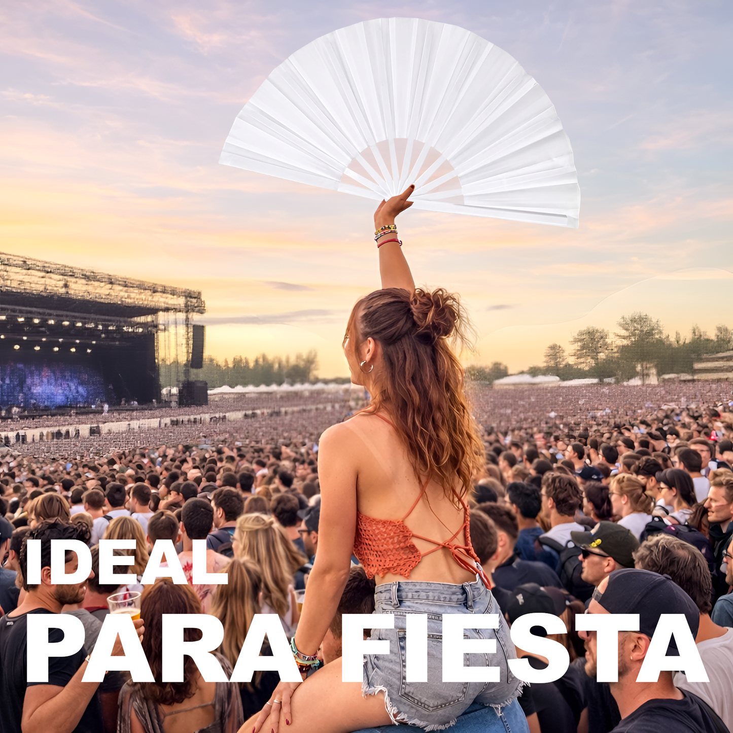 Home Universal® Abanico XXL 33 cm Grande de Plástico con Caja – Plegable, Ligero y Resistente – Efecto Fluorescente Brillante – Ideal para Verano, Fiesta, Discoteca, Pride y Eventos - Blanco (Liso)